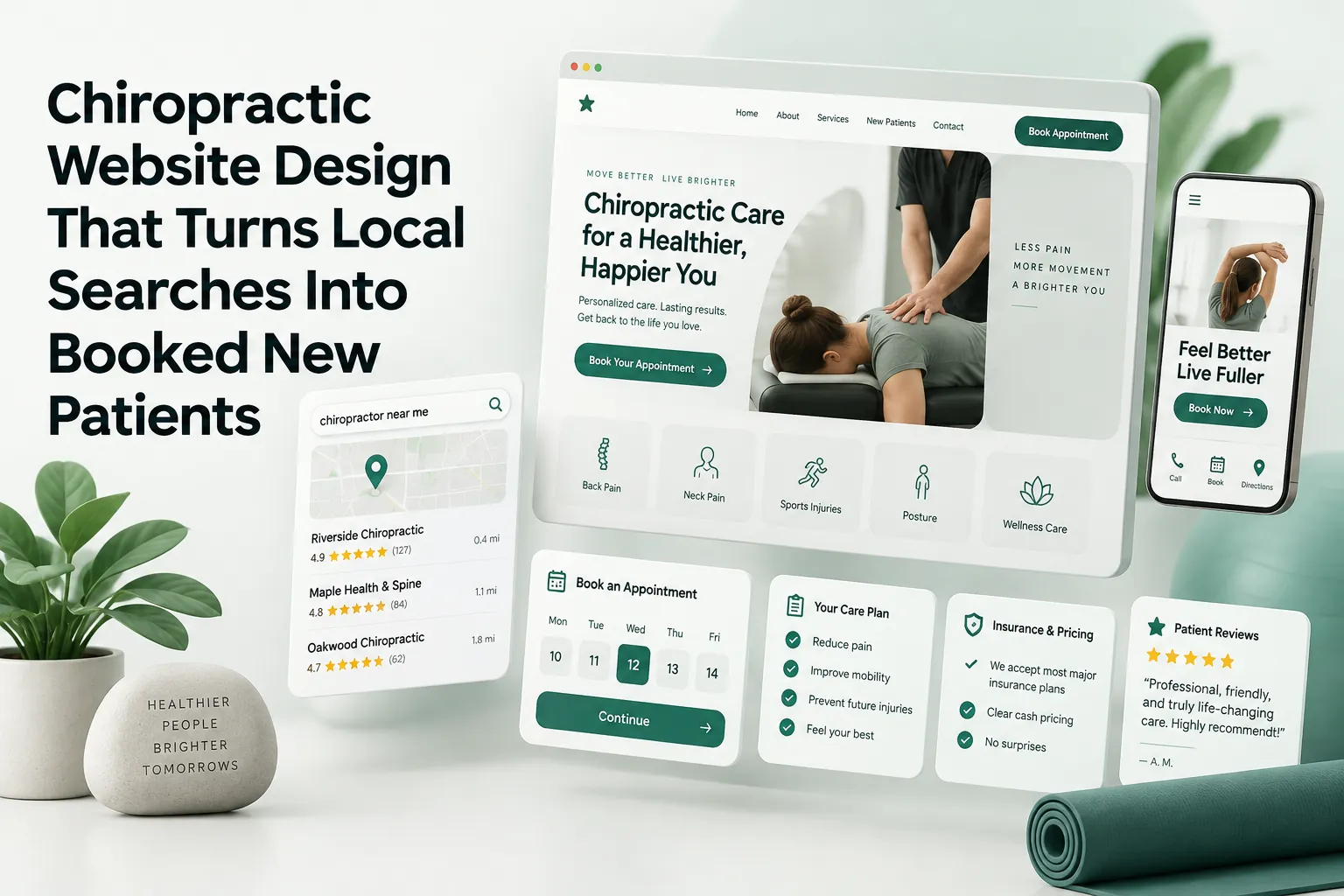 Chiropractic website design concept showing local search results, appointment booking screens, and a patient care website.