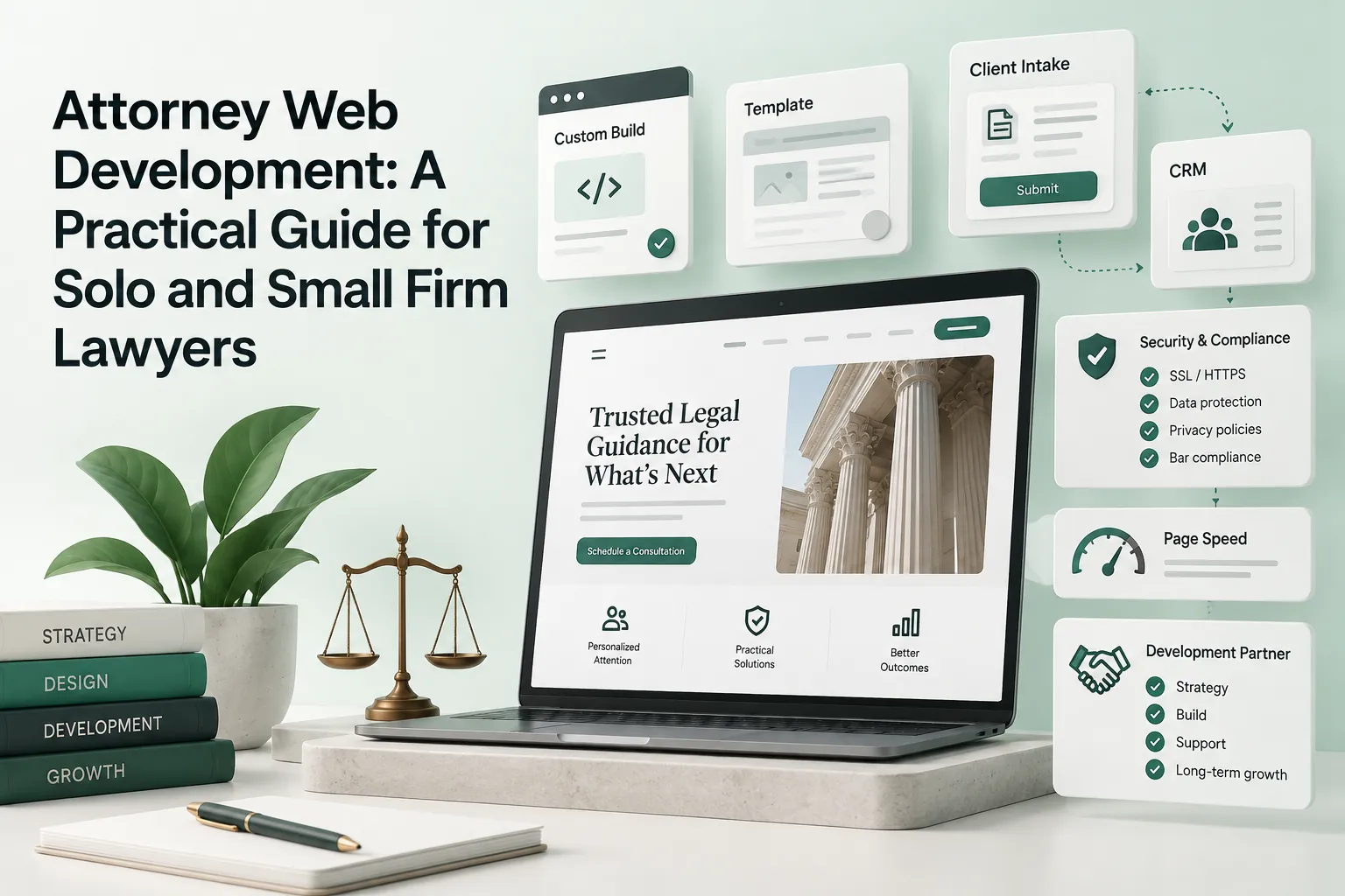 Attorney web development guide cover with a laptop legal website, custom build and template cards, client intake, CRM, compliance, and page speed pane