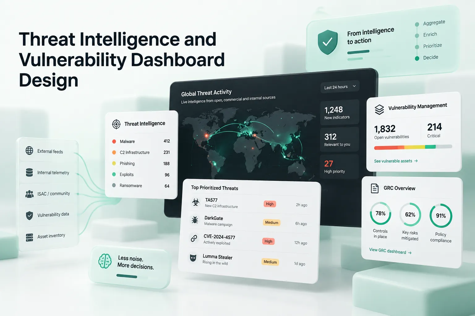 Threat intelligence and vulnerability dashboard design shown with a global threat map, risk metrics, vulnerability data, and prioritized threats.