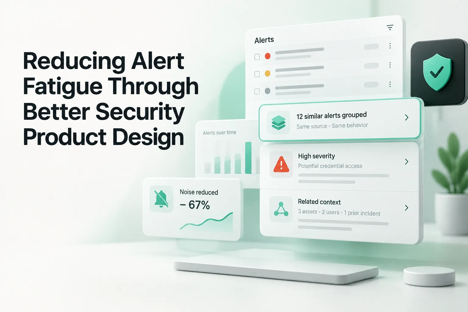 Security dashboard with grouped alerts, severity and context cards, noise reduced by 67%, and a shield illustrating better product design to reduce al