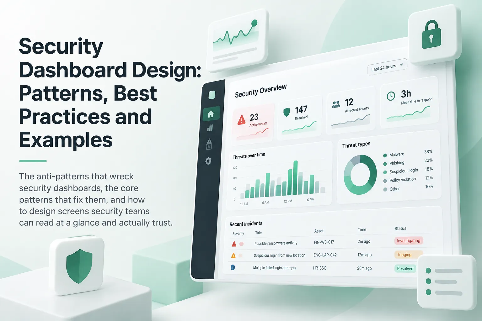 Security dashboard design cover showing a detailed threat-monitoring interface with charts, incident metrics, lock and shield icons.