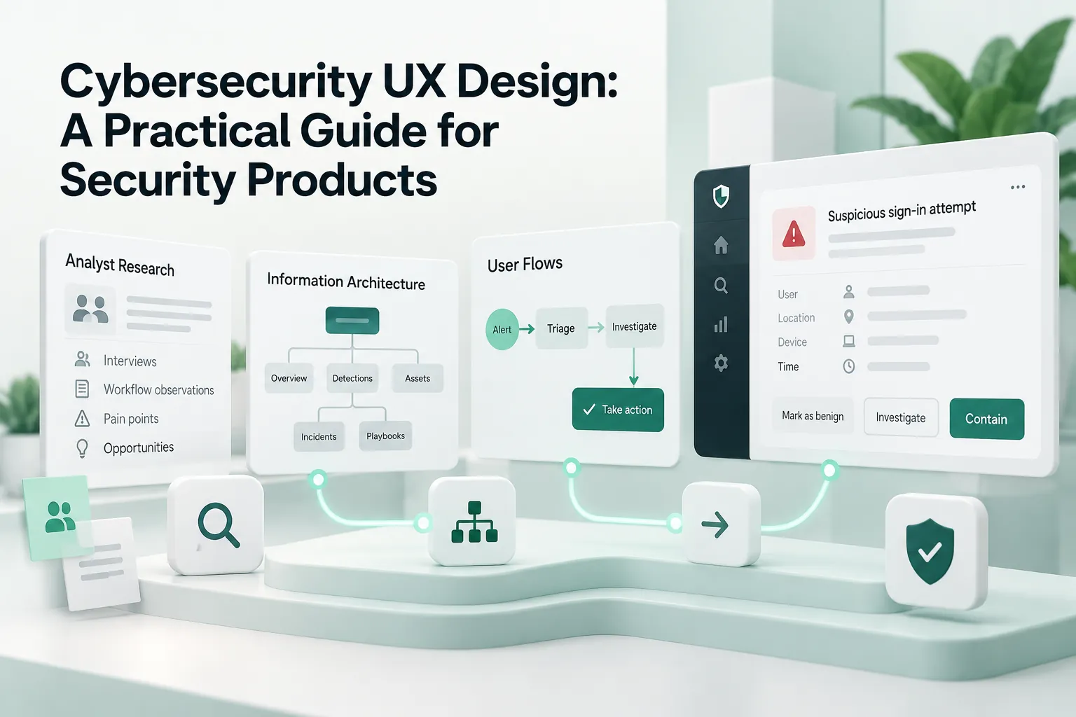 Cybersecurity UX design guide cover showing research, information architecture, user flows, and a suspicious sign-in security dashboard.
