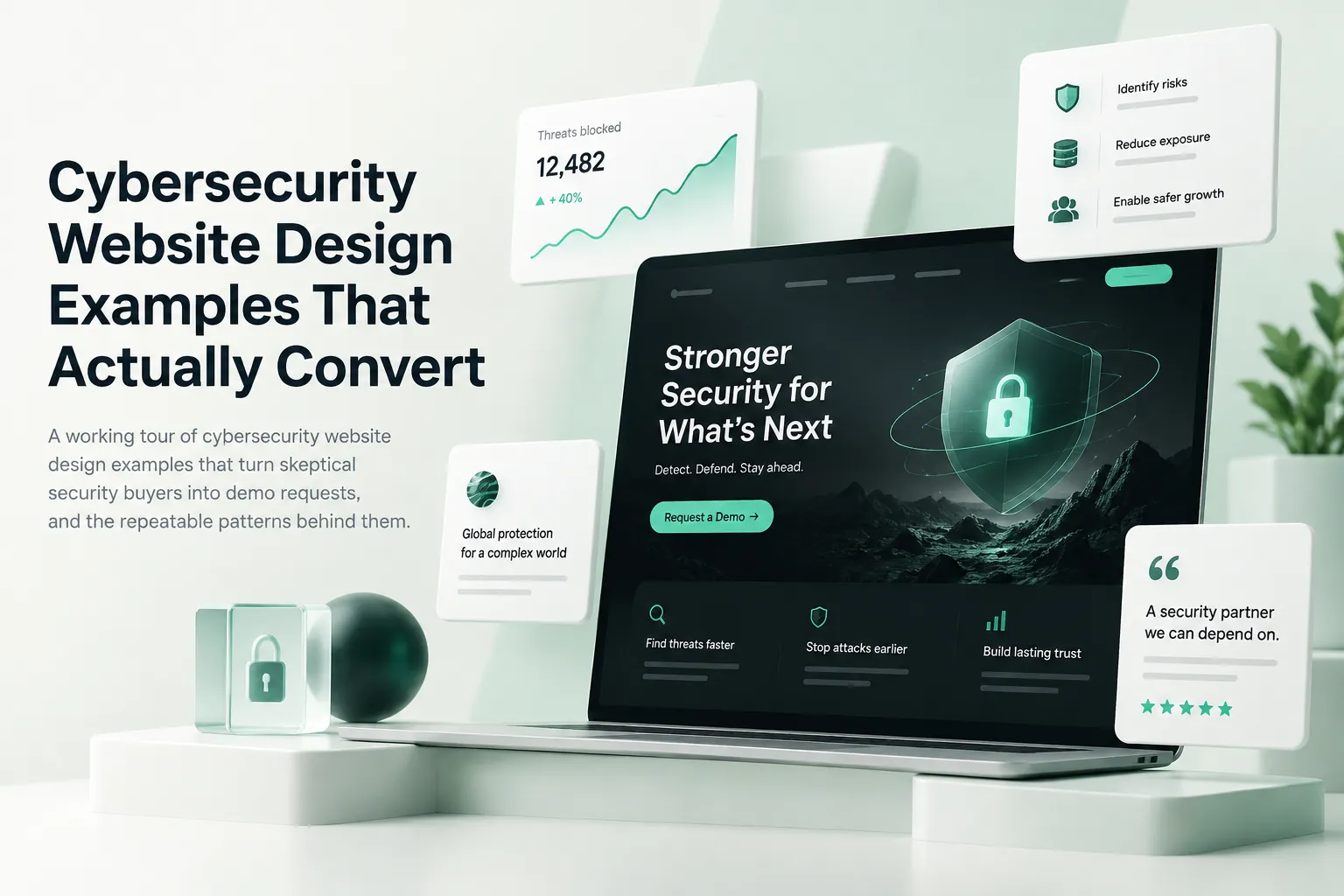 Cybersecurity website design examples are showcased on a laptop with a shield, lock, analytics cards, and conversion-focused security messaging.