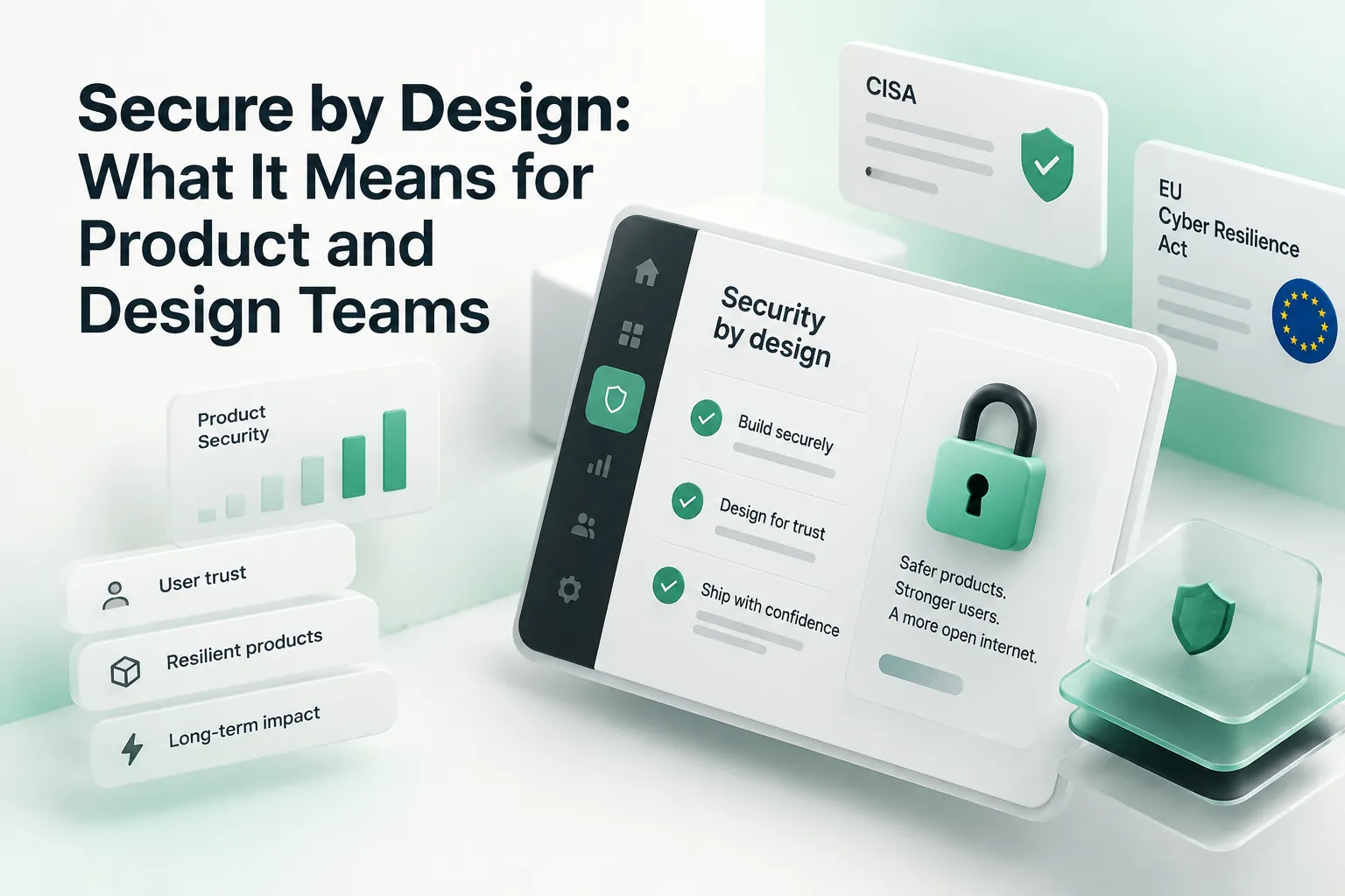 Secure by Design headline beside 3D security dashboards, locks, shields, and product security interface illustrating resilient products and user trust