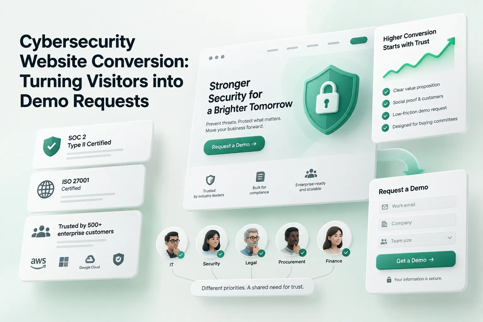 Cybersecurity website conversion cover showing a secure demo-request page, trust signals, customer roles, and conversion-focused messaging.