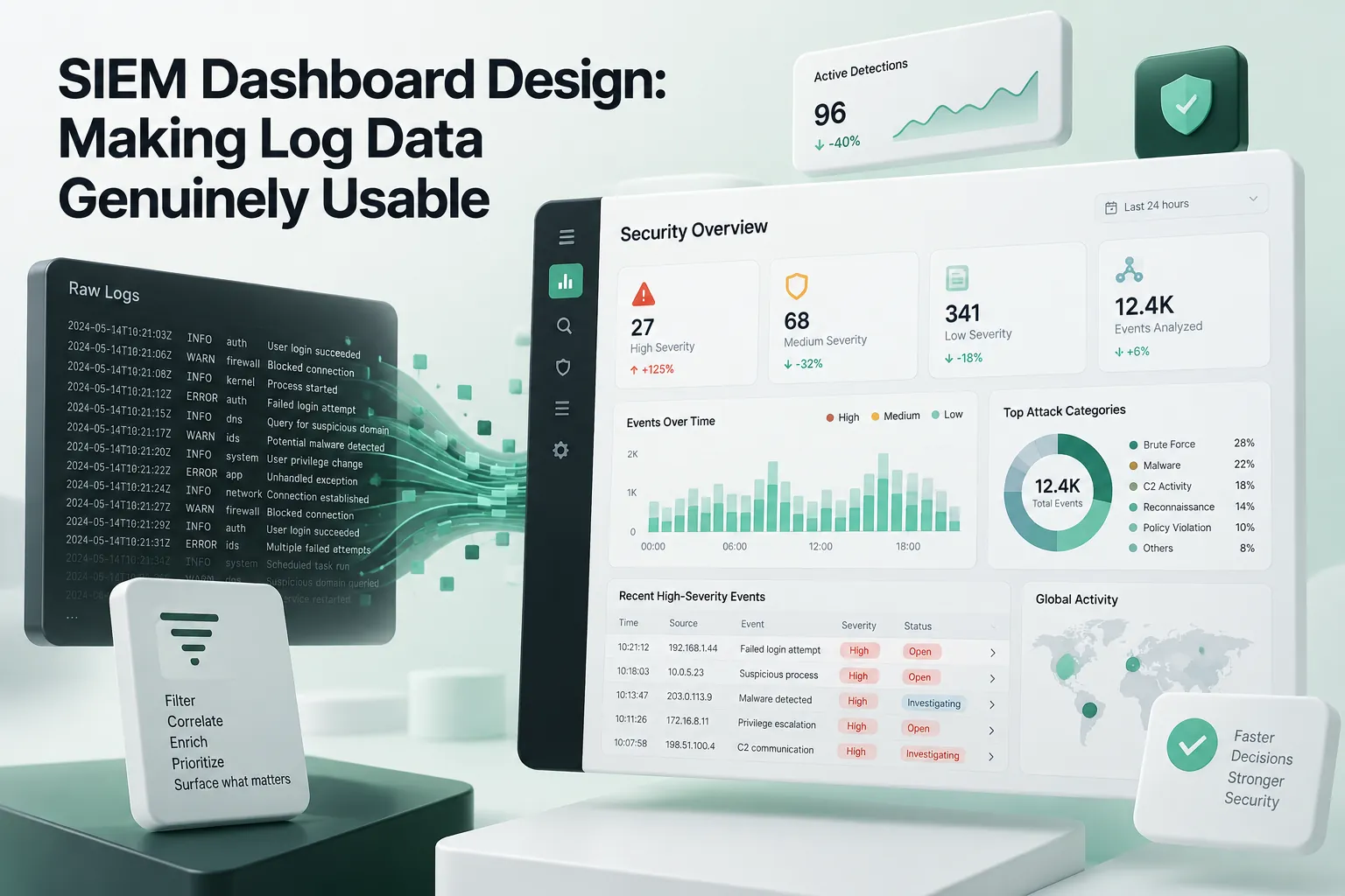 SIEM dashboard design cover showing raw logs, security analytics charts, event trends, attack categories, and a security overview interface.
