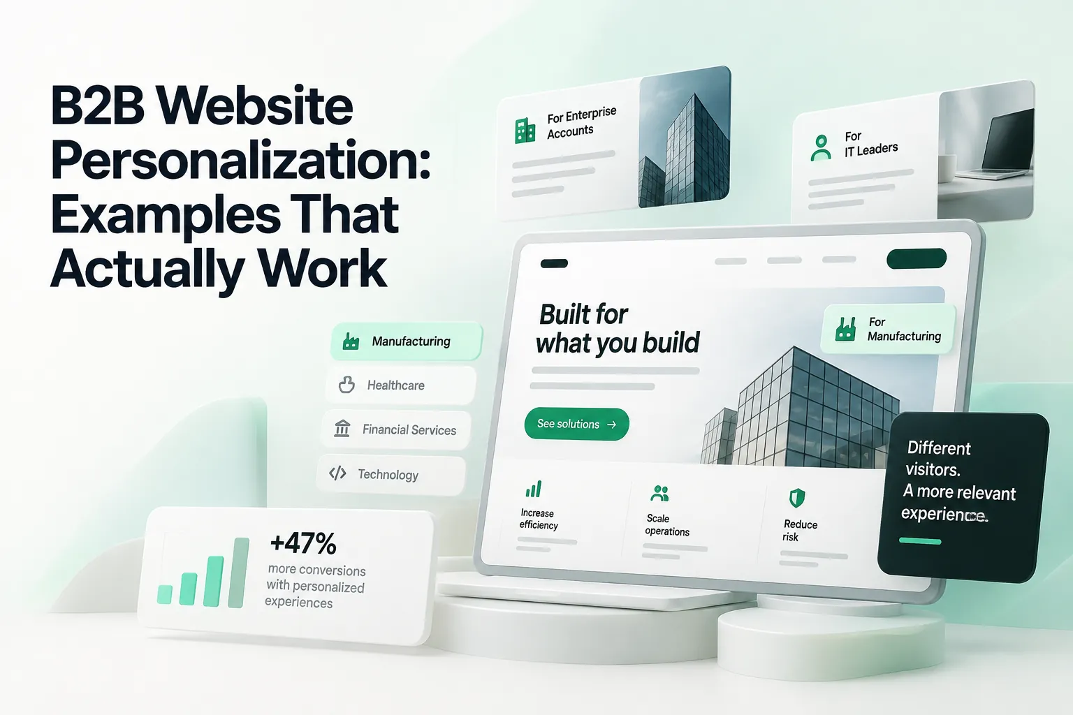 Blog cover about B2B website personalization, showing a personalized business website on a monitor with industry audience cards and conversion metrics