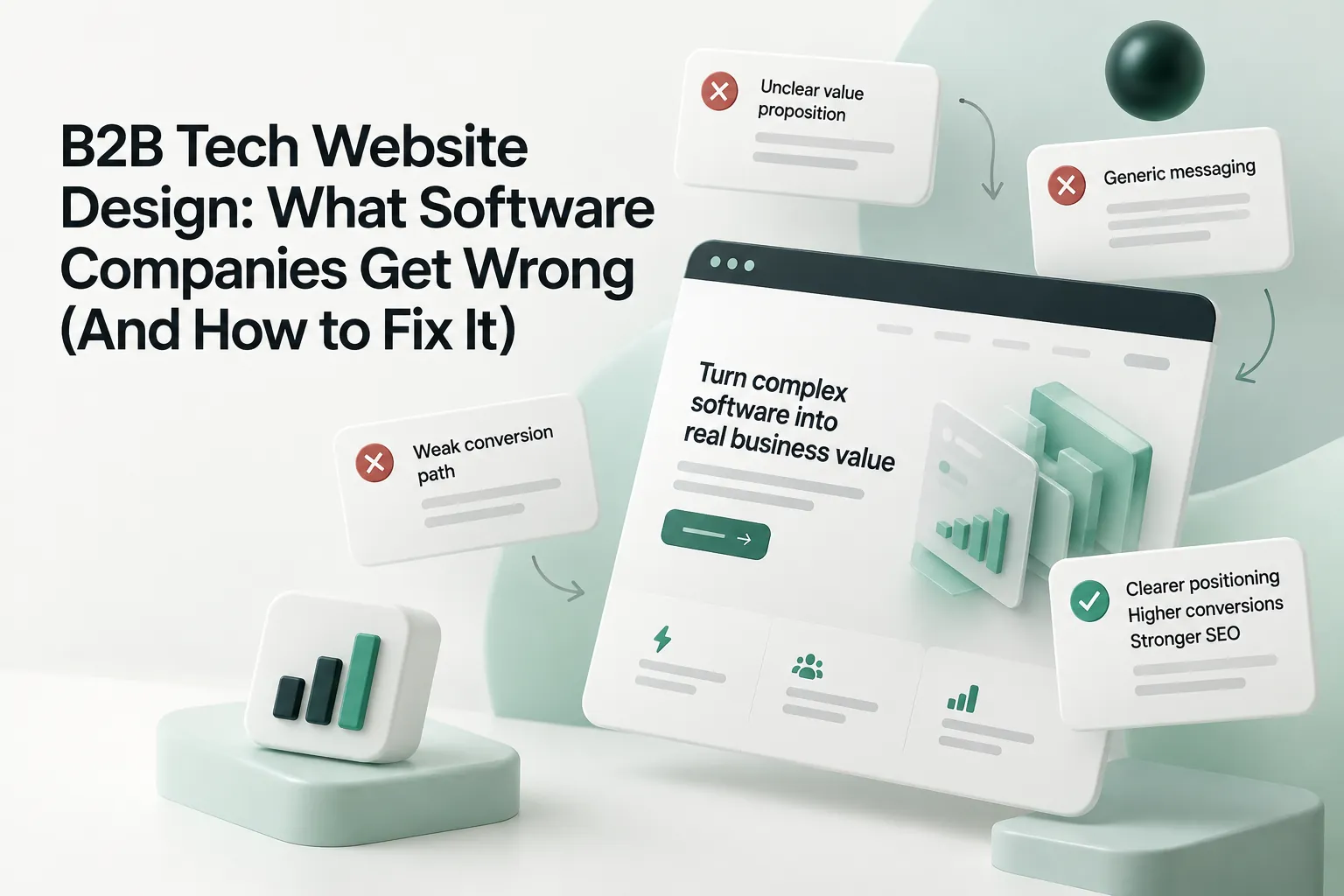 3D website mockup illustrating B2B tech website design mistakes and fixes, with unclear messaging, weak conversion, and clearer positioning.