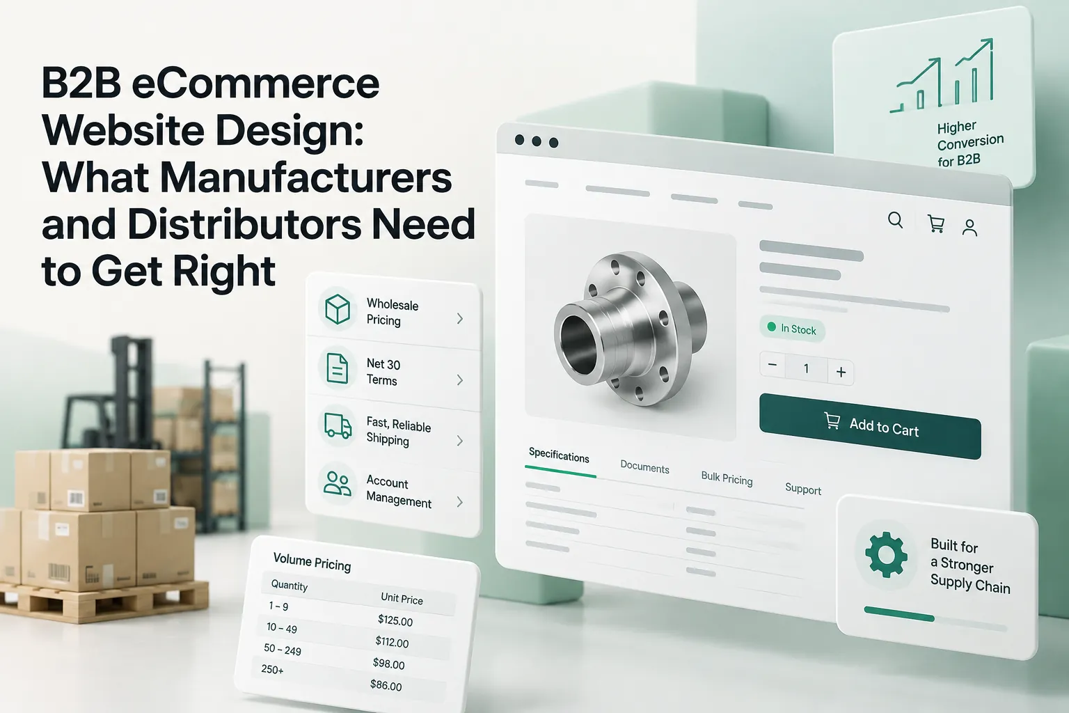 B2B eCommerce website design cover showing a manufacturer product page, wholesale pricing, shipping details, warehouse boxes, and conversion metrics.