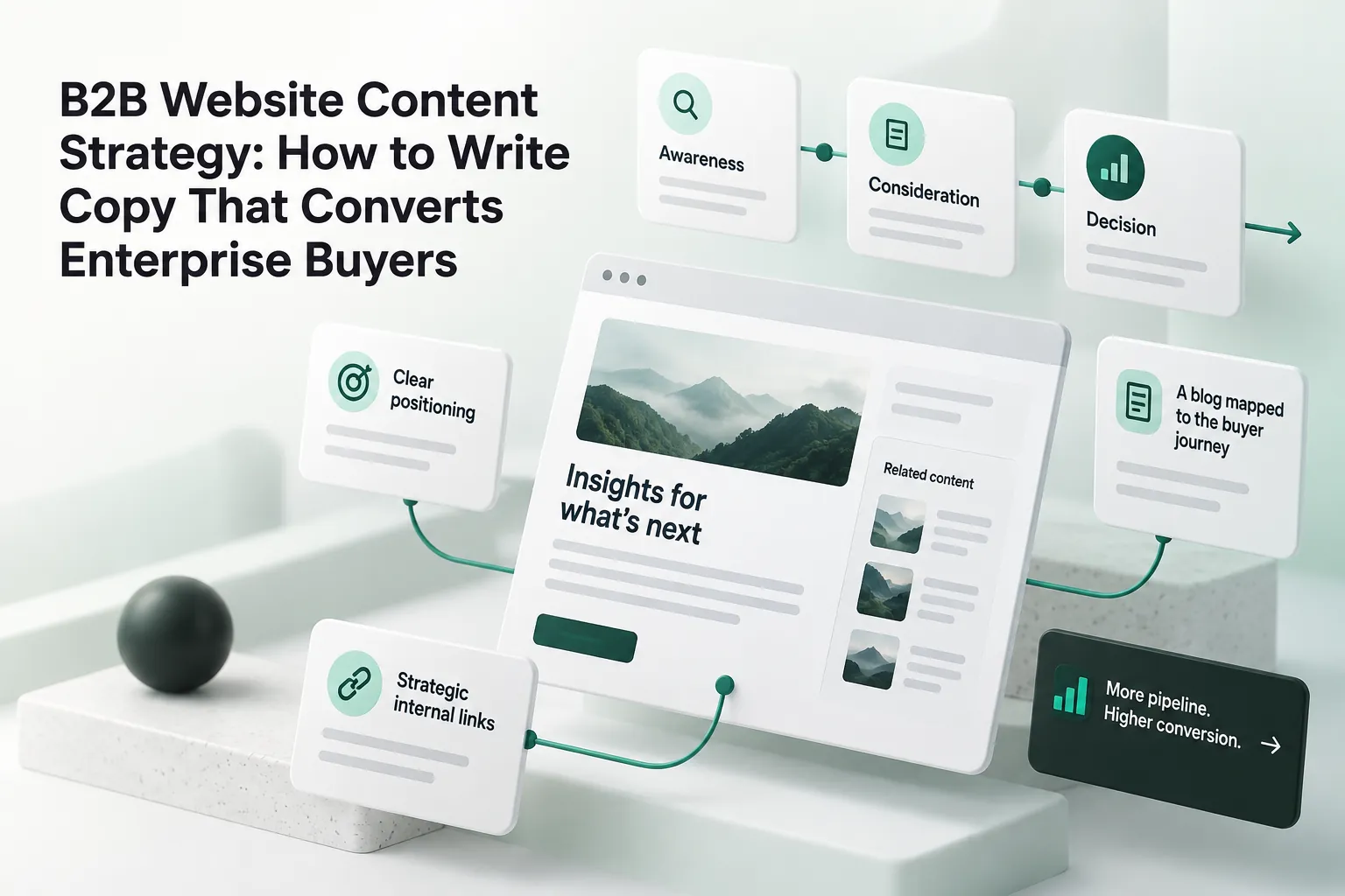 B2B website content strategy cover showing a buyer journey from awareness to decision, with conversion-focused copy and enterprise marketing visuals.