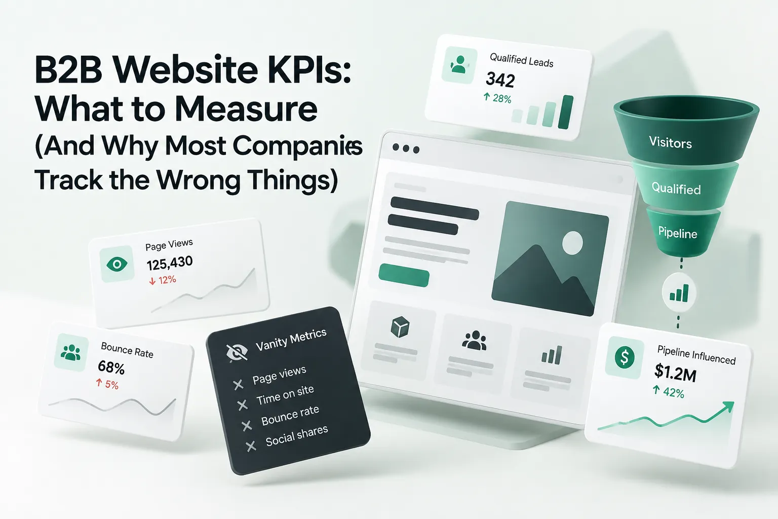 Blog cover showing a laptop, analytics cards, and funnel illustrating B2B website KPIs and the difference between vanity metrics and pipeline impact.
