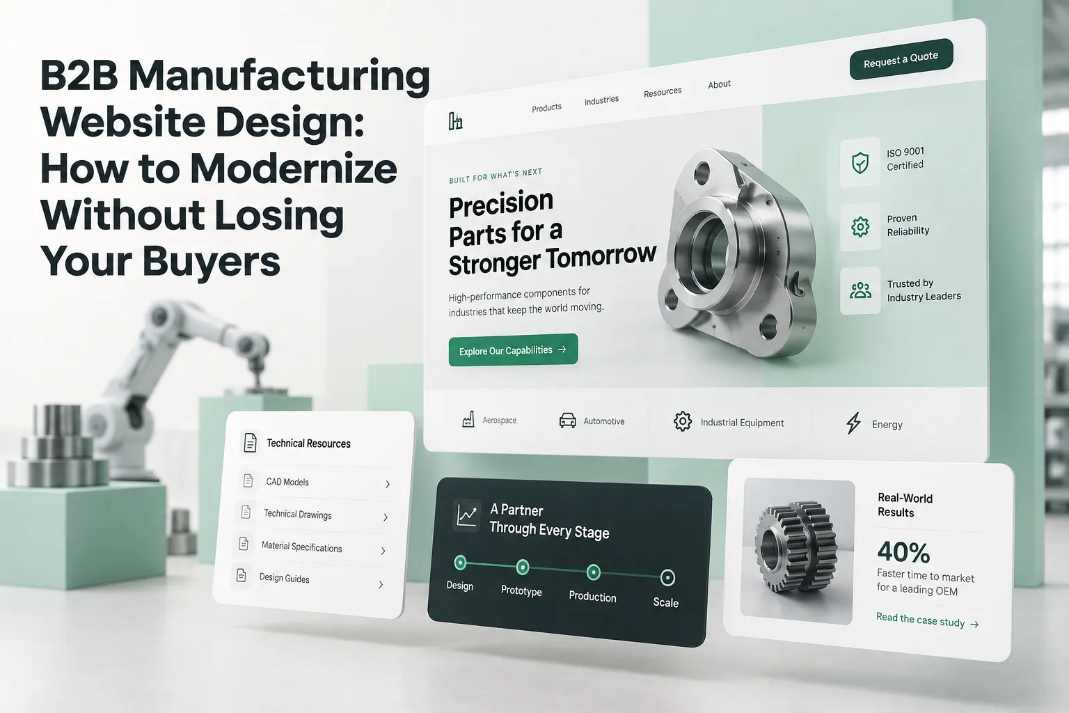 B2B manufacturing website design cover showing a modern industrial website interface, precision metal parts, factory robotics, and buyer-focused resou