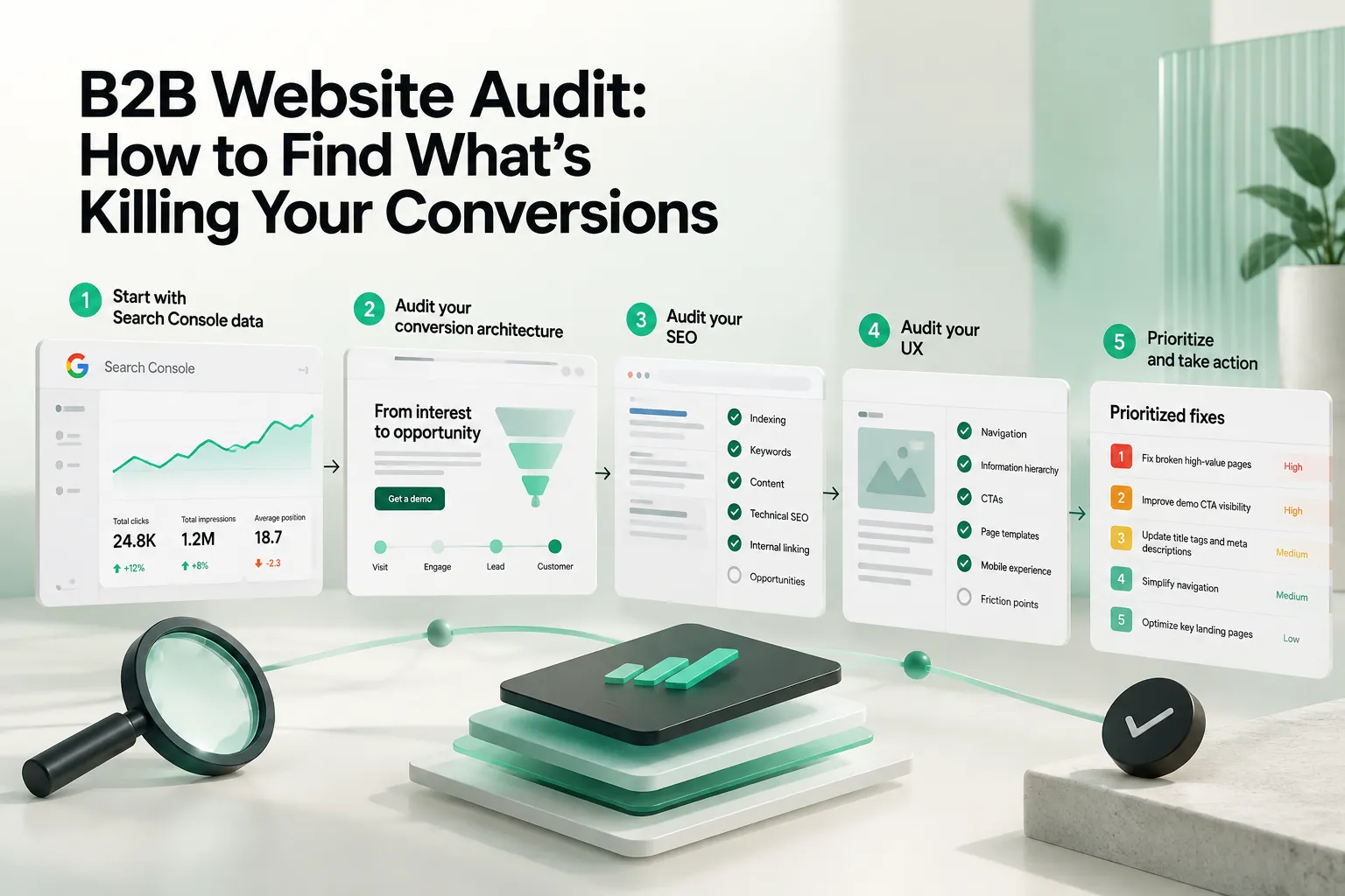 B2B website audit cover showing five steps for finding conversion issues, from Search Console data and SEO checks to UX fixes and prioritized actions.