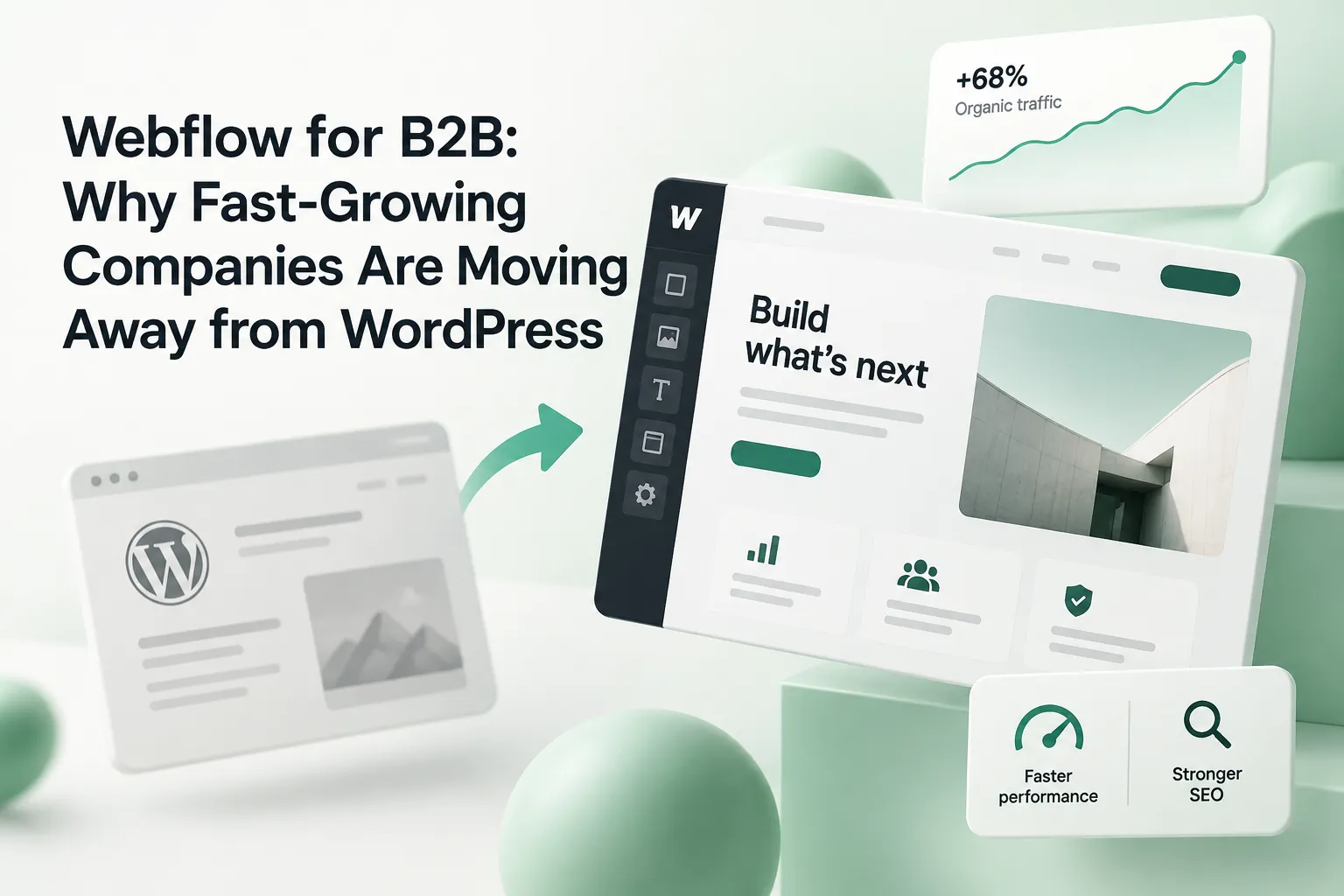 Blog cover showing Webflow and WordPress website interfaces, a rising traffic chart, and benefits of faster performance and stronger SEO.