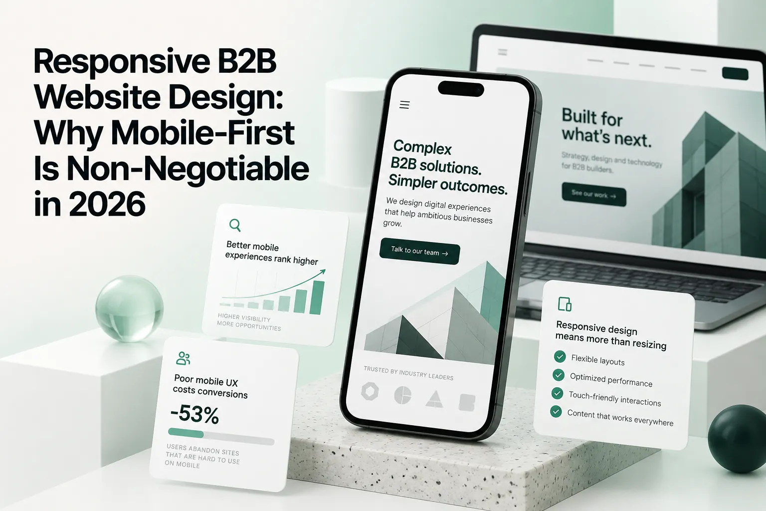 Modern B2B website design cover showing a smartphone, laptop, responsive layouts, and mobile-first performance messaging for 2026.