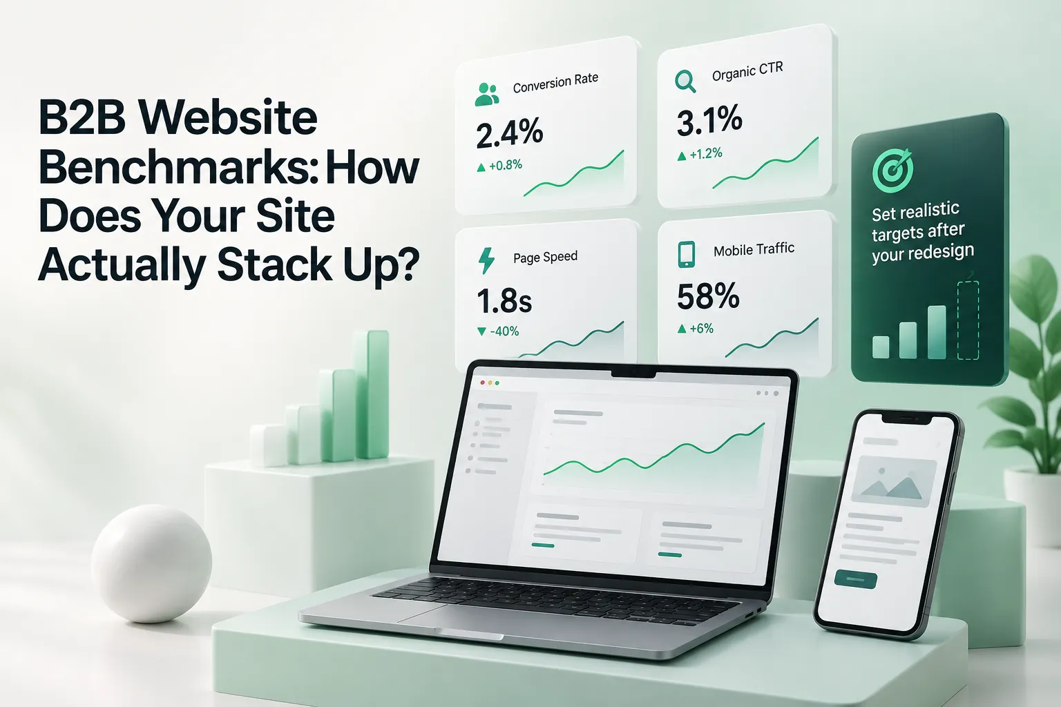 B2B website benchmark cover with the headline beside analytics cards, rising charts, a laptop dashboard, and a mobile website preview.