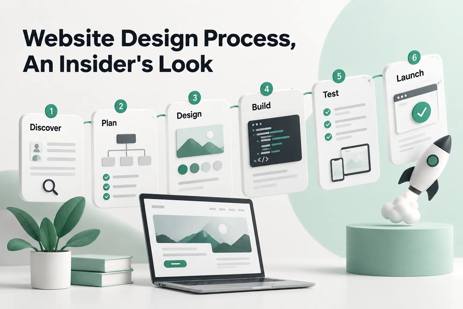 Website design process illustrated with six stages from discovery to launch, cards, laptop mockup, plant, books, and a rocket.