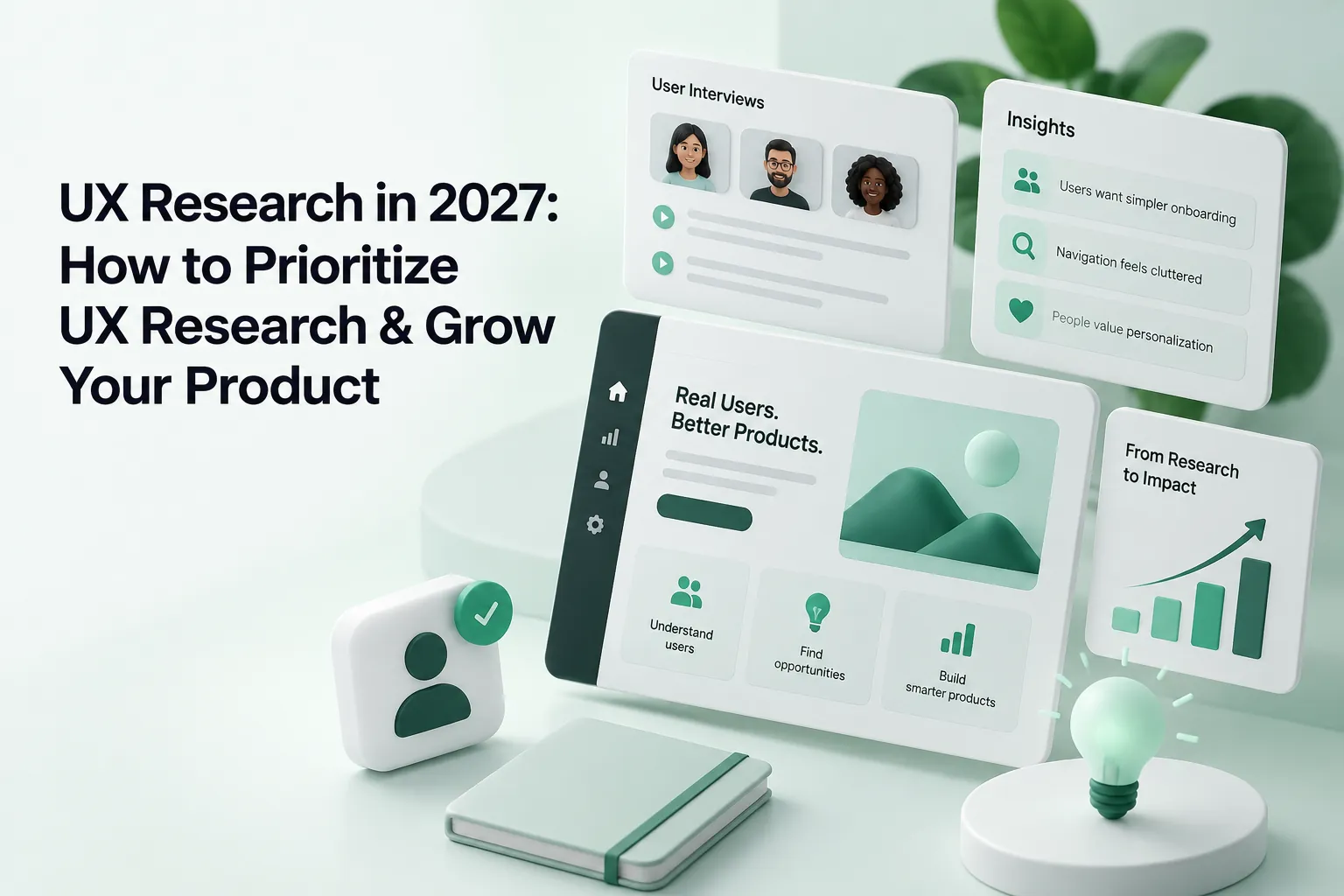 UX research in 2027 cover showing user interviews, insights, product dashboards, and growth-focused research visuals.