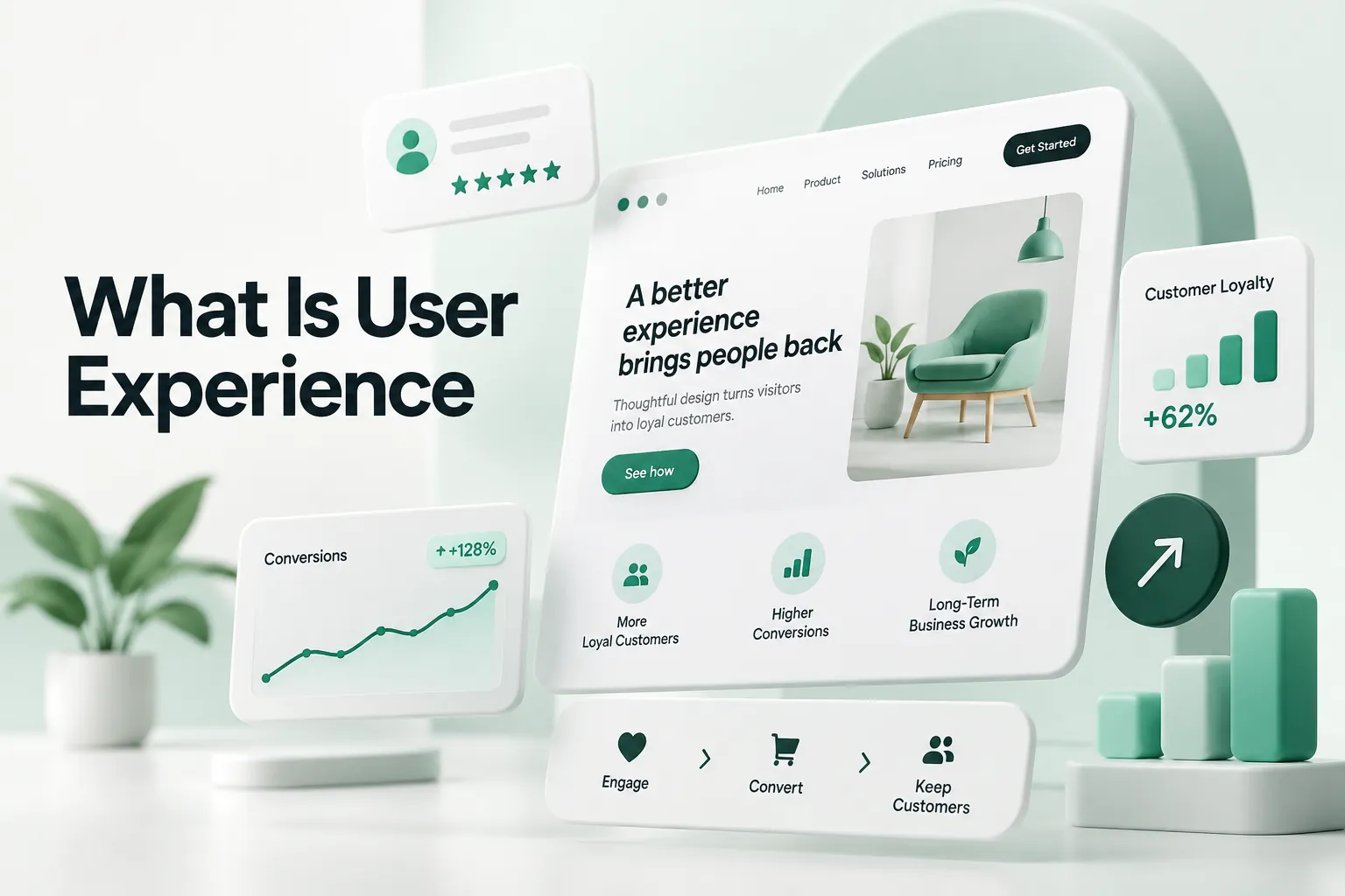 Modern user experience concept with a website interface, customer loyalty charts, conversion metrics, and a green armchair.