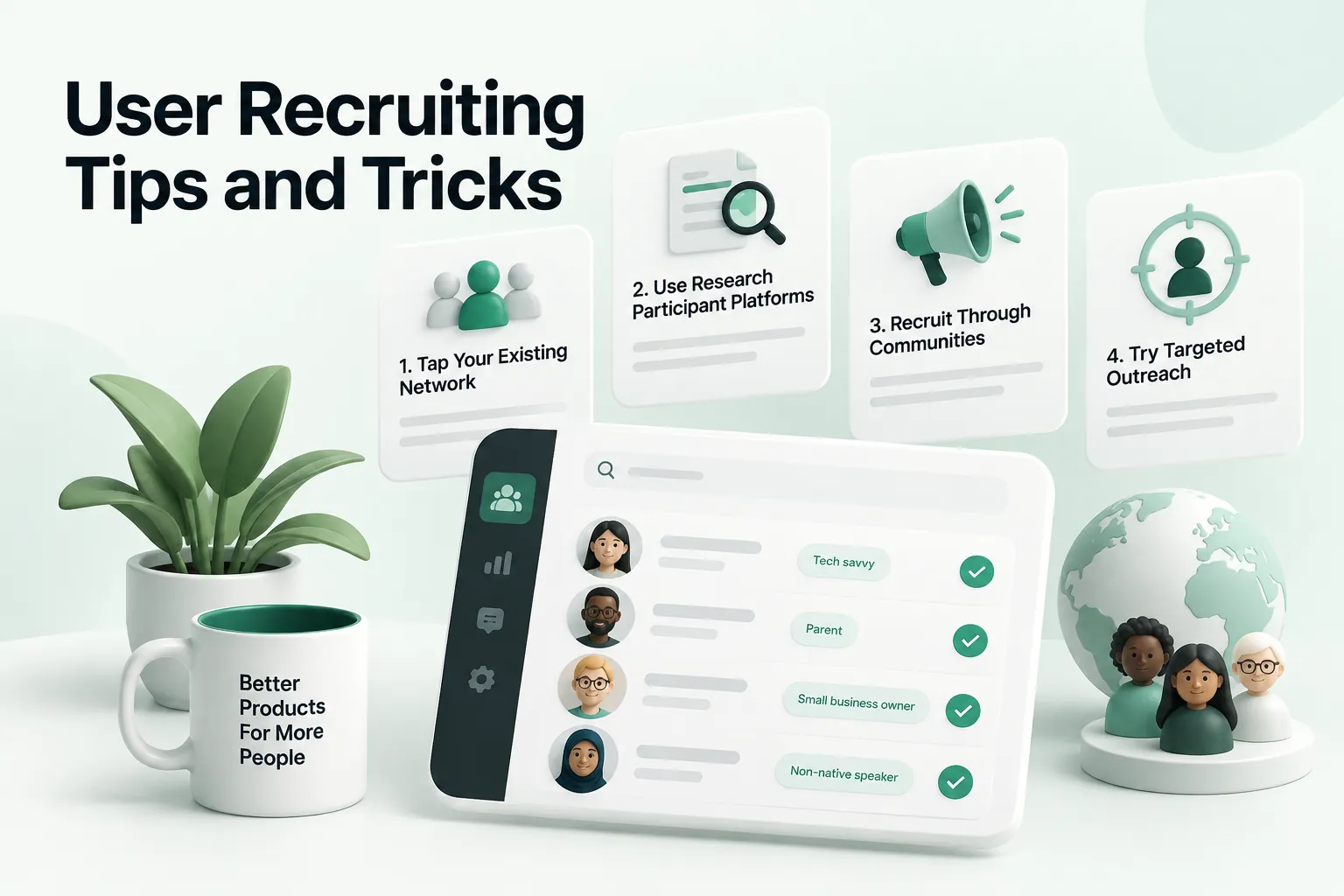 Cover for user recruiting tips and tricks, showing recruitment strategy cards, a participant selection interface, diverse people, a globe, and a plant