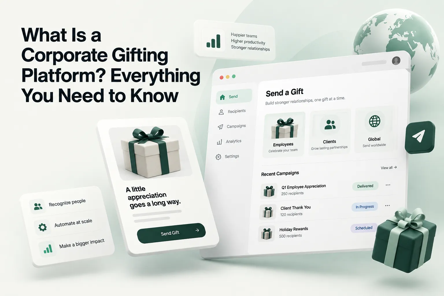 Corporate gifting platform cover with gift boxes, a global globe, and dashboard screens showing employee and client gifting campaigns.