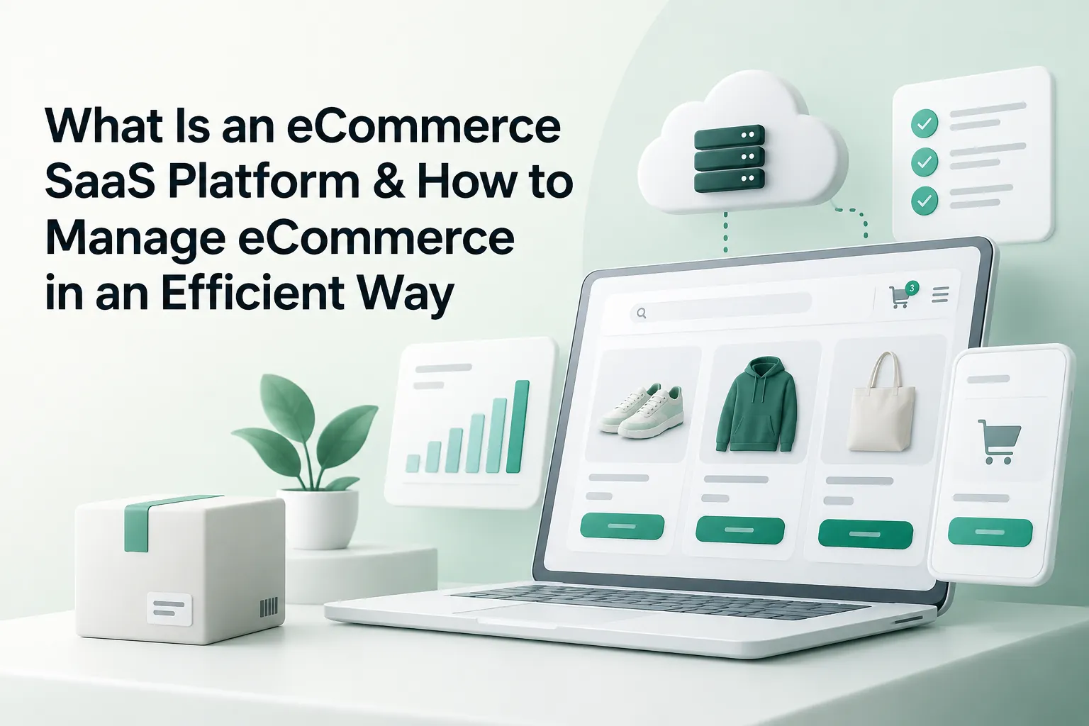 Laptop, cloud, analytics chart, products, and shopping icons illustrate an eCommerce SaaS platform and efficient eCommerce management.