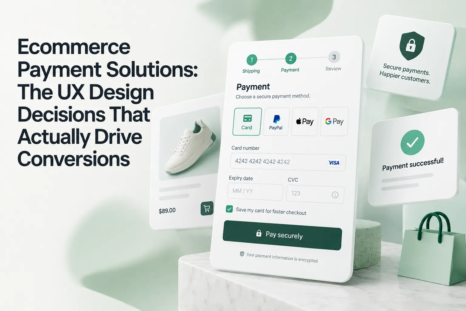 Ecommerce payment solutions cover showing UX checkout screens, secure payment options, and a successful payment confirmation.