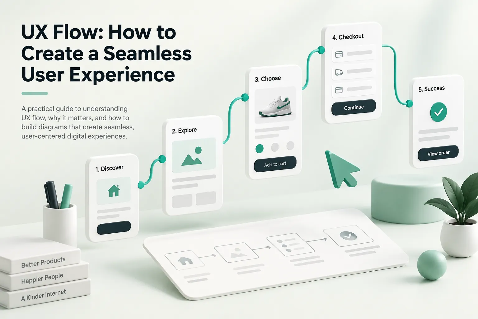 UX Flow: How to Create a Seamless User Experience shown through connected Discover, Explore, Choose, Checkout, and Success interface cards.
