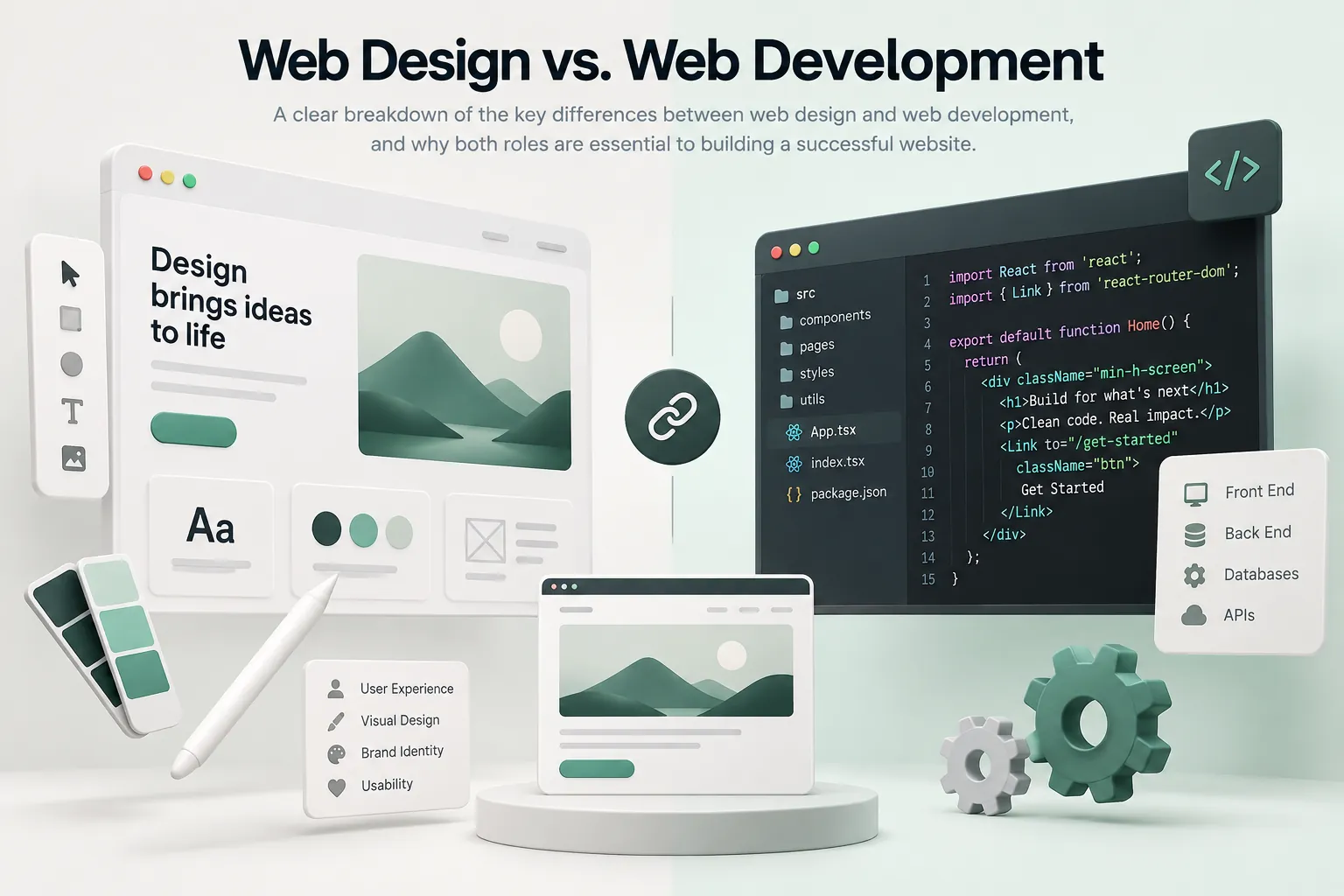 Cover illustrating Web Design vs. Web Development with design mockups, color palettes, a coding window, and frontend/backend icons.