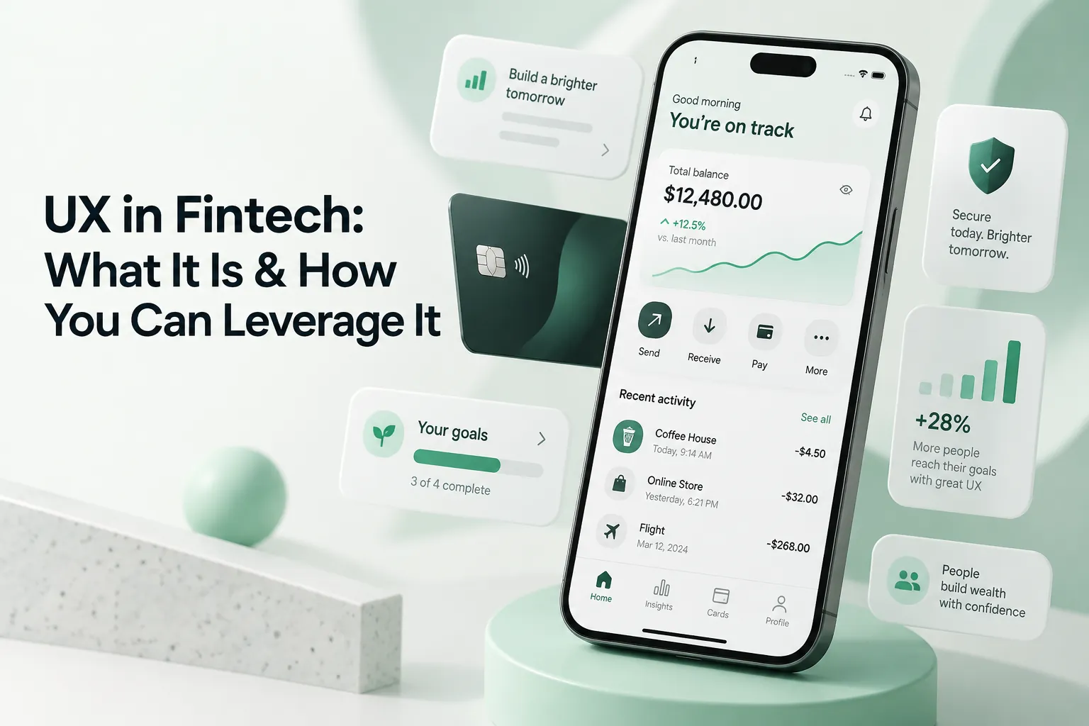 Fintech app dashboard on a smartphone with cards, charts, and goals illustrating UX in fintech and how to leverage it.