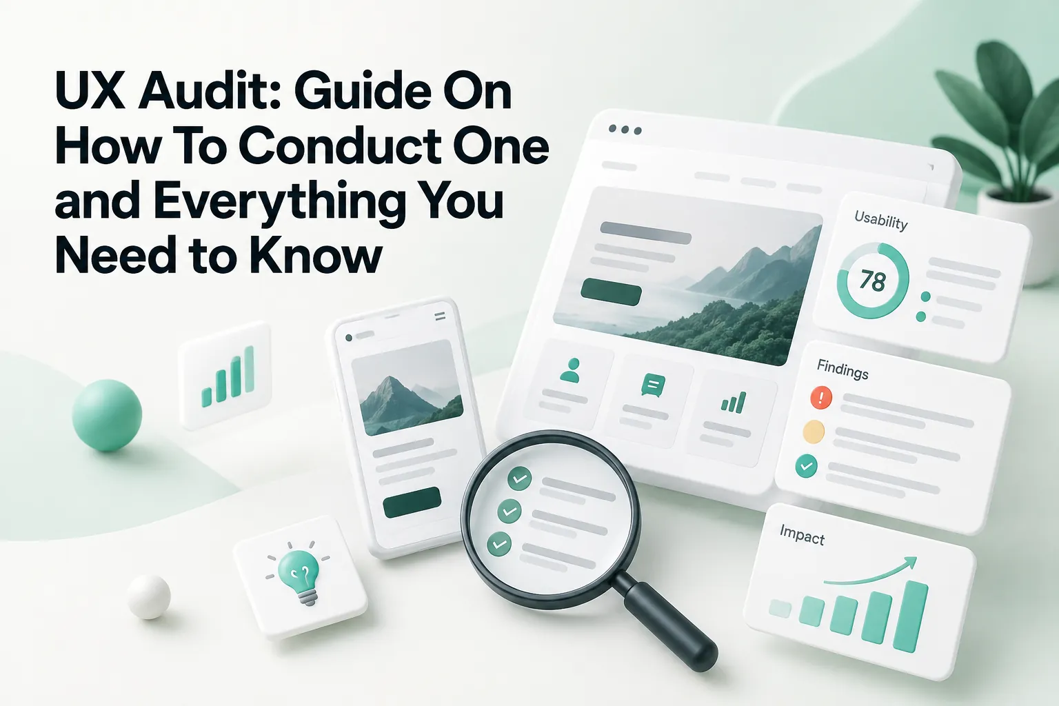 UX audit guide cover showing a magnifying glass, website and mobile interface mockups, usability score, findings, impact charts, and analytics icons.