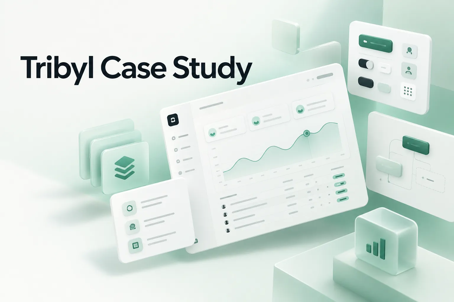 Tribyl Case Study cover featuring floating analytics dashboards, charts, interface panels, and green data visualization elements.