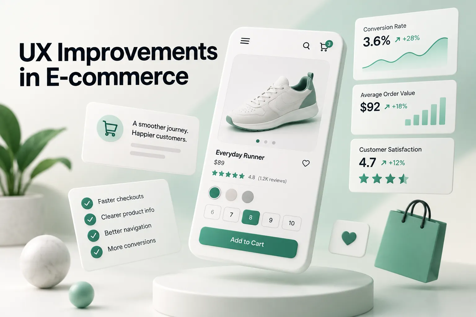 E-commerce UX improvements shown through a shopping app with a sneaker product page, smoother checkout features, and conversion metric cards.