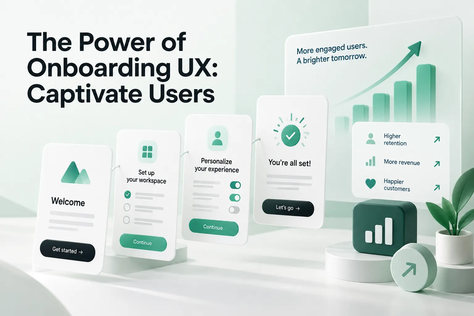Cover showing onboarding UX screens, engaged users, rising bars, and a growth arrow illustrating how onboarding captivates users.