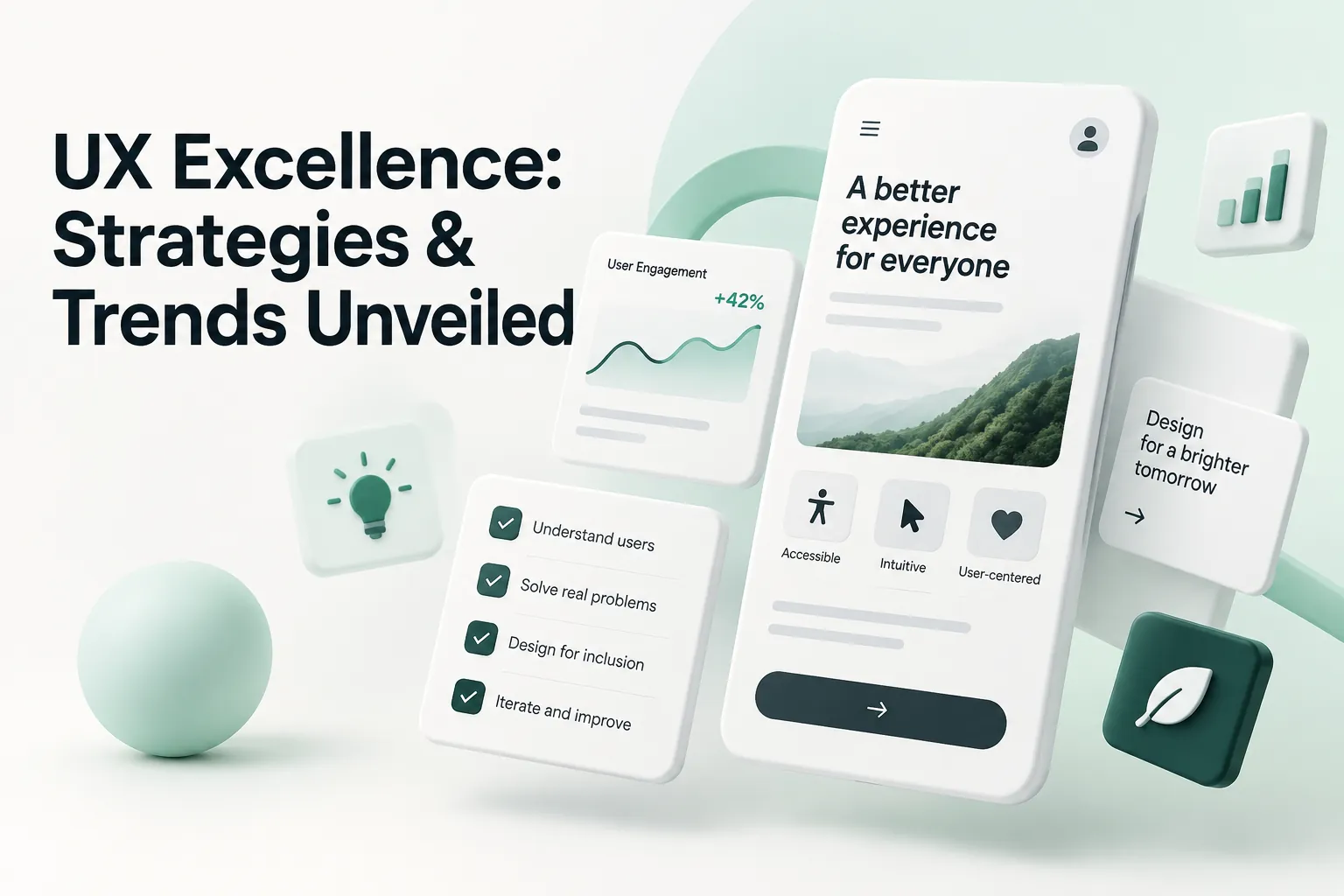 Blog cover with floating mobile UI cards, analytics, accessibility icons, and a checklist illustrating UX excellence strategies and trends.