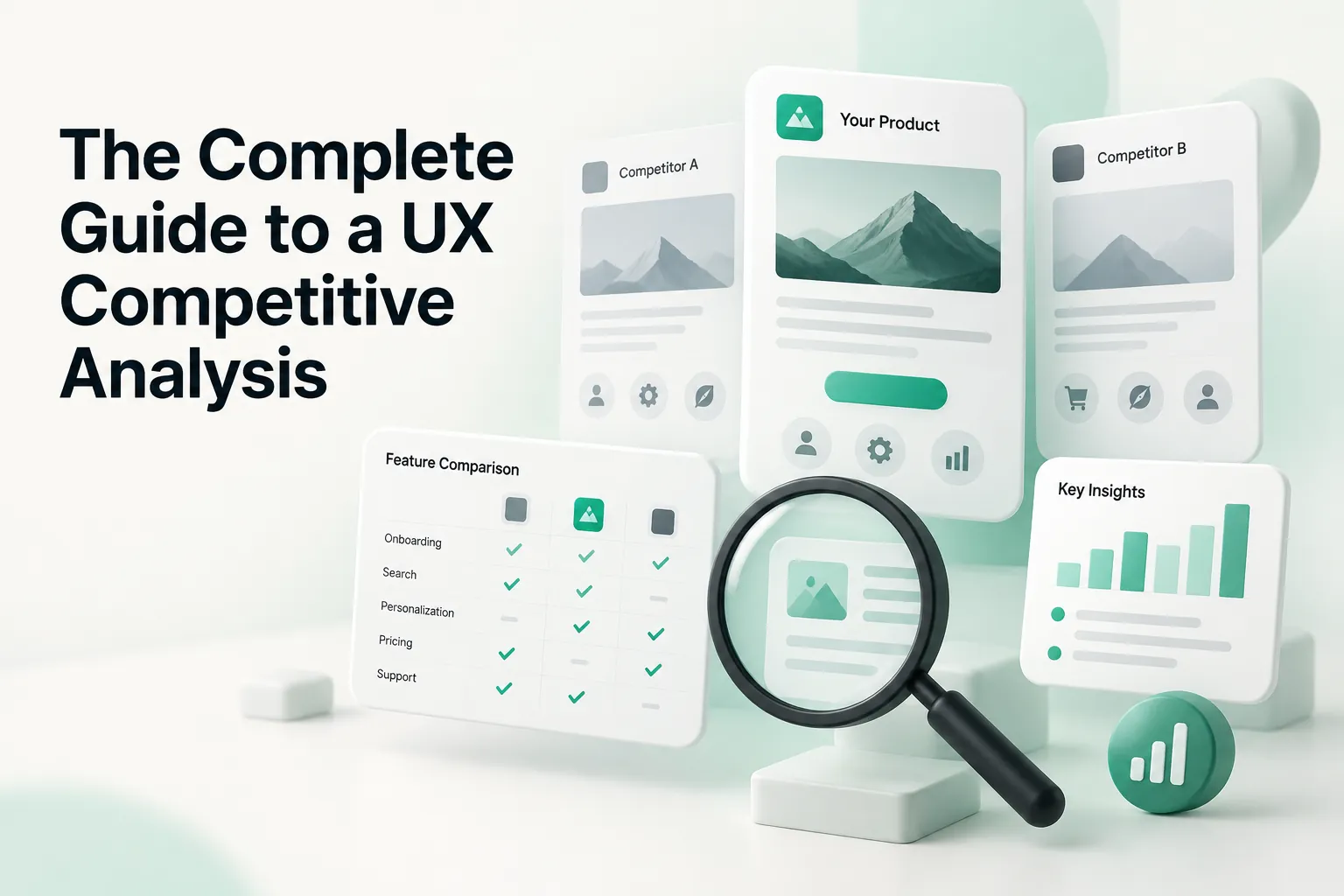 Cover showing the complete guide to UX competitive analysis, with product and competitor cards, a feature comparison table, charts, and a magnifying g