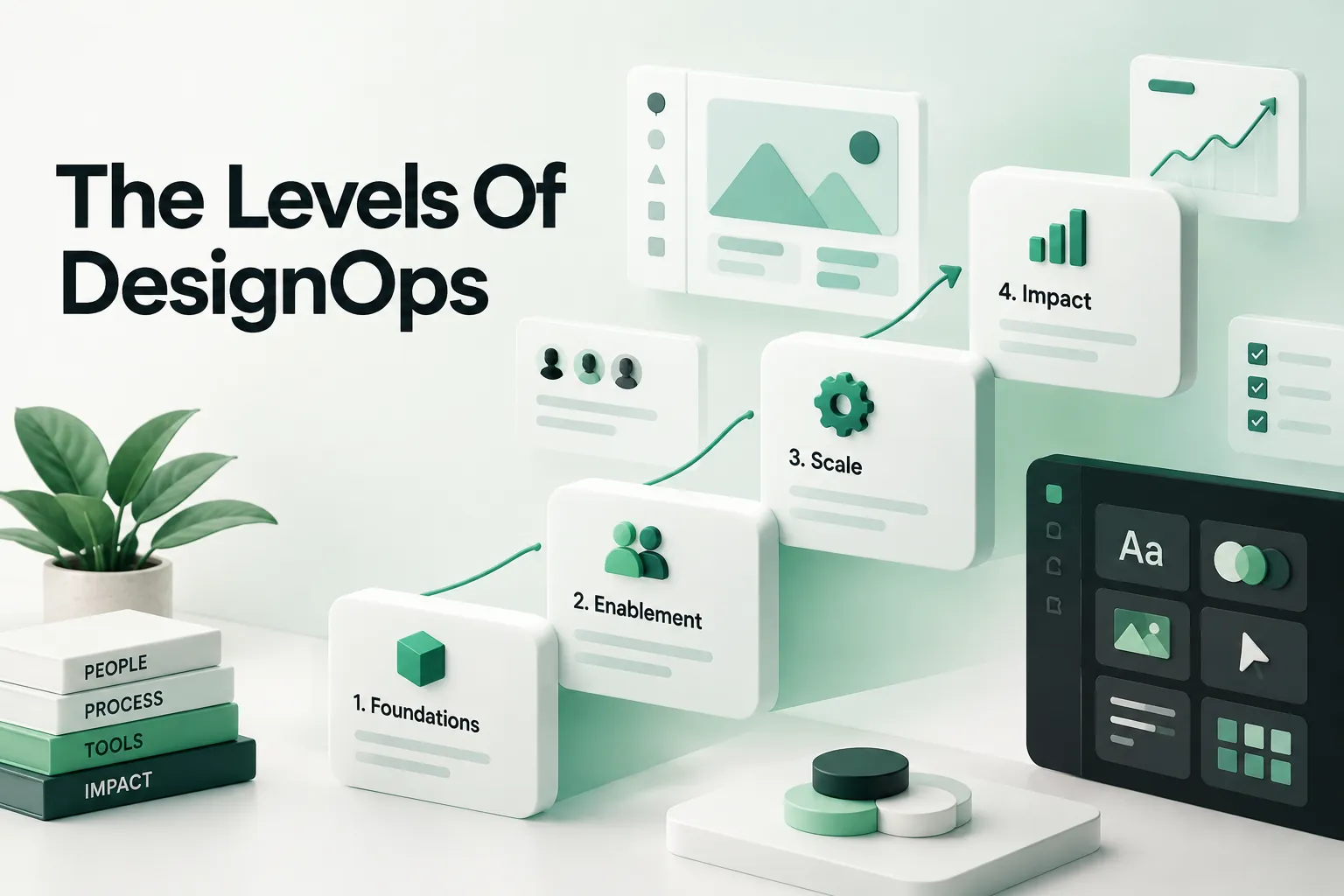 The Levels of DesignOps shown as a staircase of Foundations, Enablement, Scale, and Impact cards with charts, tools, and design interfaces.