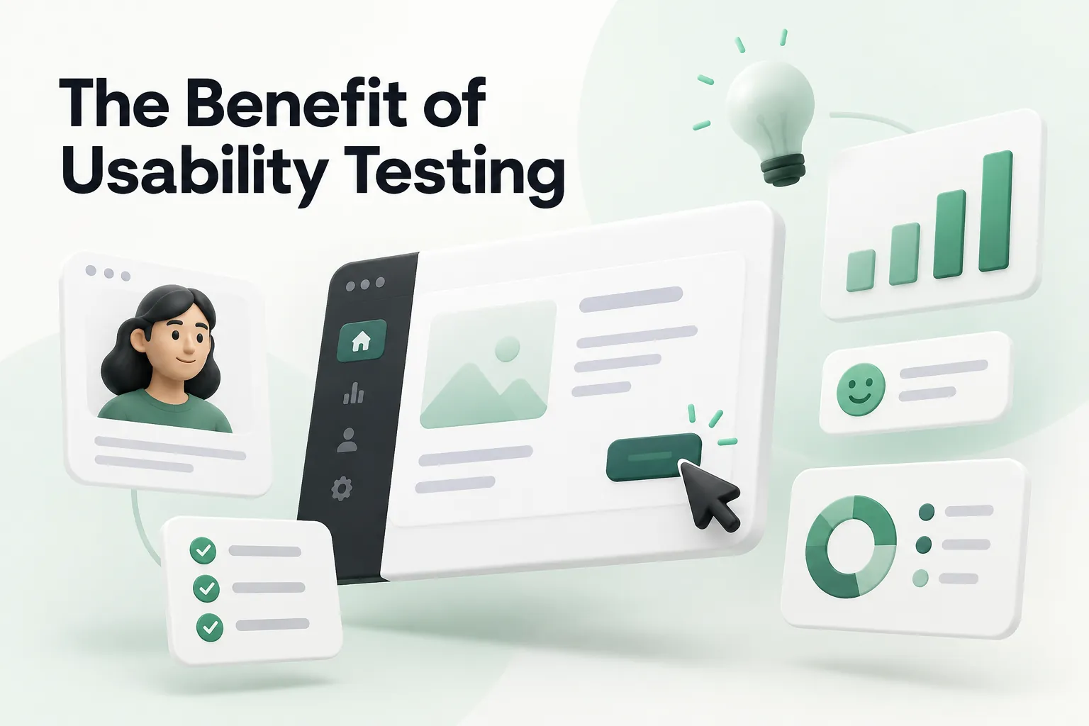A friendly usability testing dashboard with a user profile, interface screens, checklist, charts, and a light bulb illustrating its benefits.