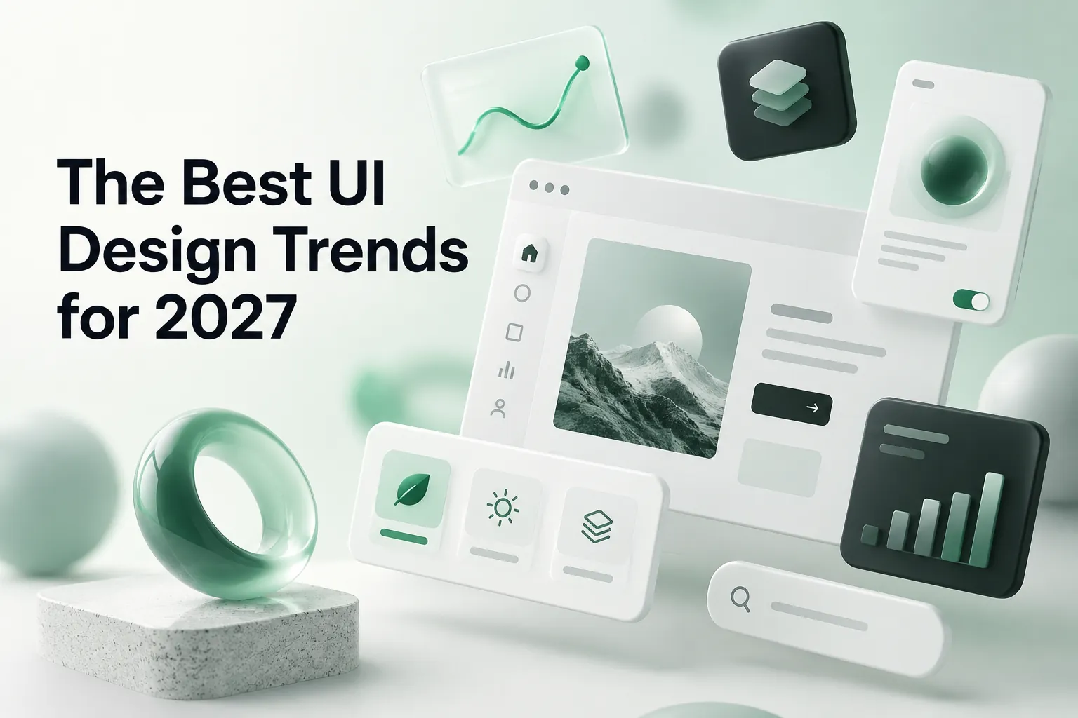 Modern UI design trend collage with floating app panels, charts, icons, a mountain image, and green glass forms beside the headline for 2027.