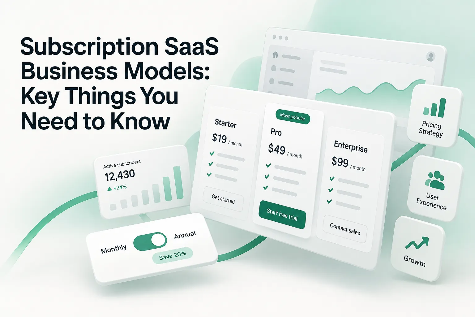 Subscription SaaS business models cover with pricing tiers, subscriber metrics, monthly and annual plans, growth charts, and user experience icons.