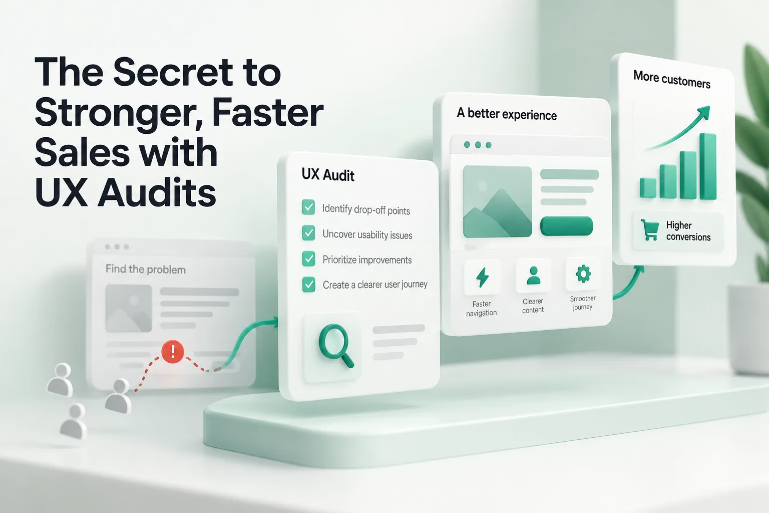 Blog cover showing UX audit screens, a user journey, and rising sales metrics, illustrating stronger, faster sales through UX audits.
