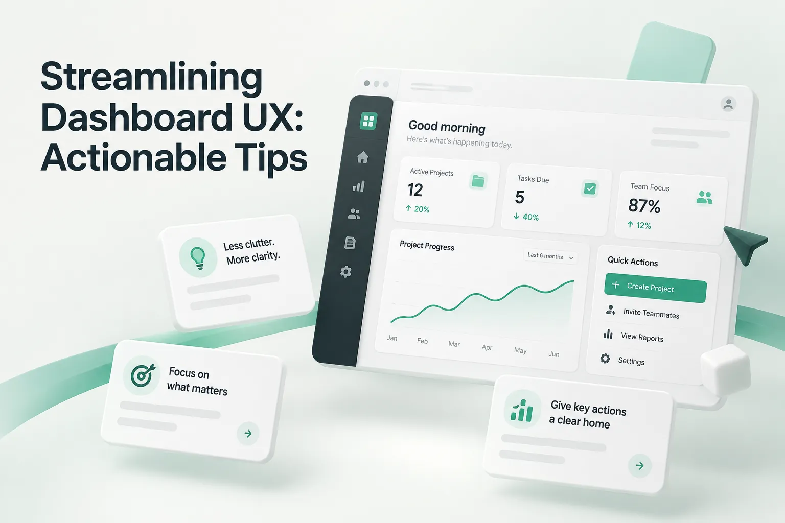 Dashboard interface with charts, metrics, quick actions, and floating tip cards illustrating Streamlining Dashboard UX: Actionable Tips.