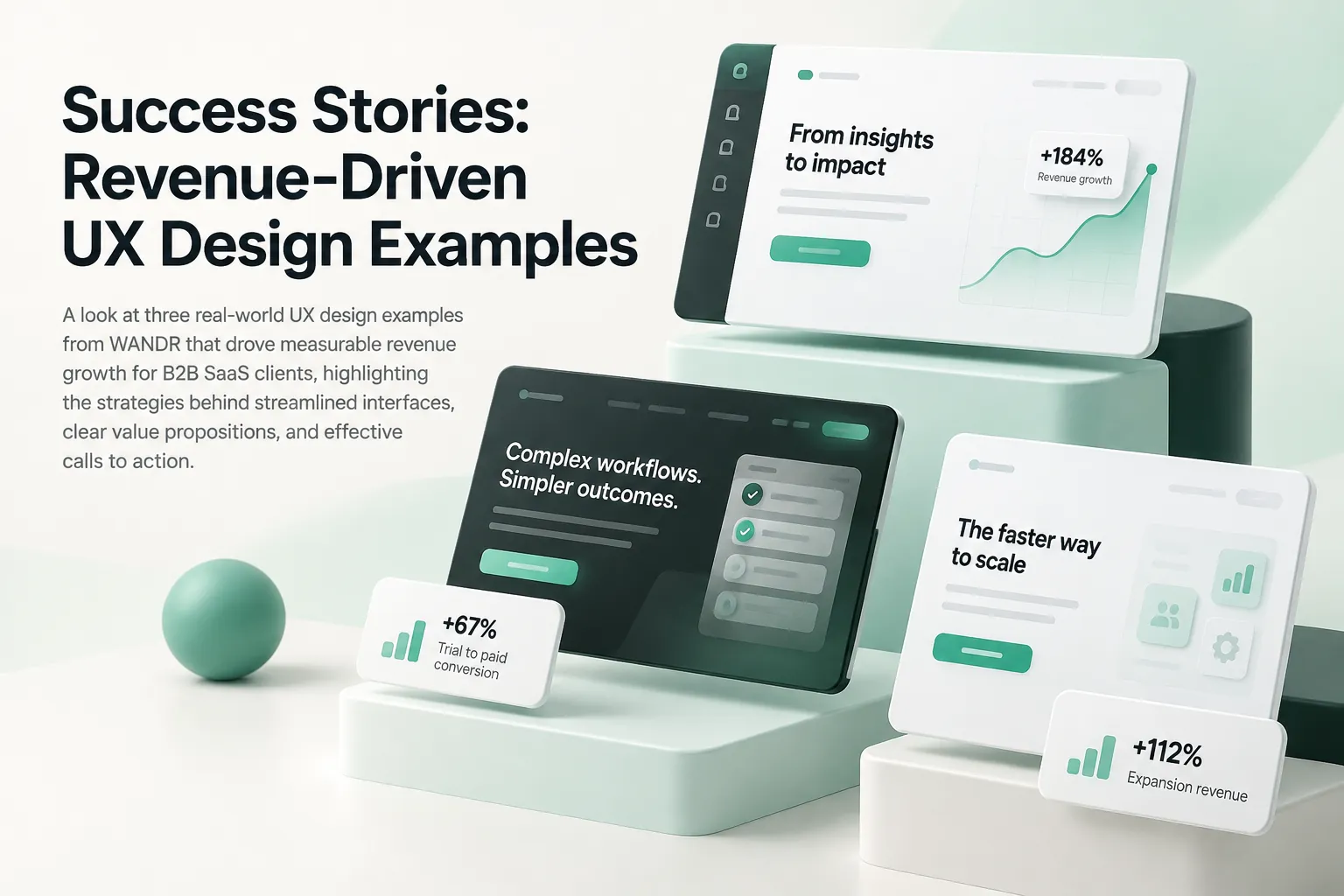 Blog cover showing revenue-driven UX design examples with dashboard screens, rising charts, conversion metrics, and streamlined interface concepts.