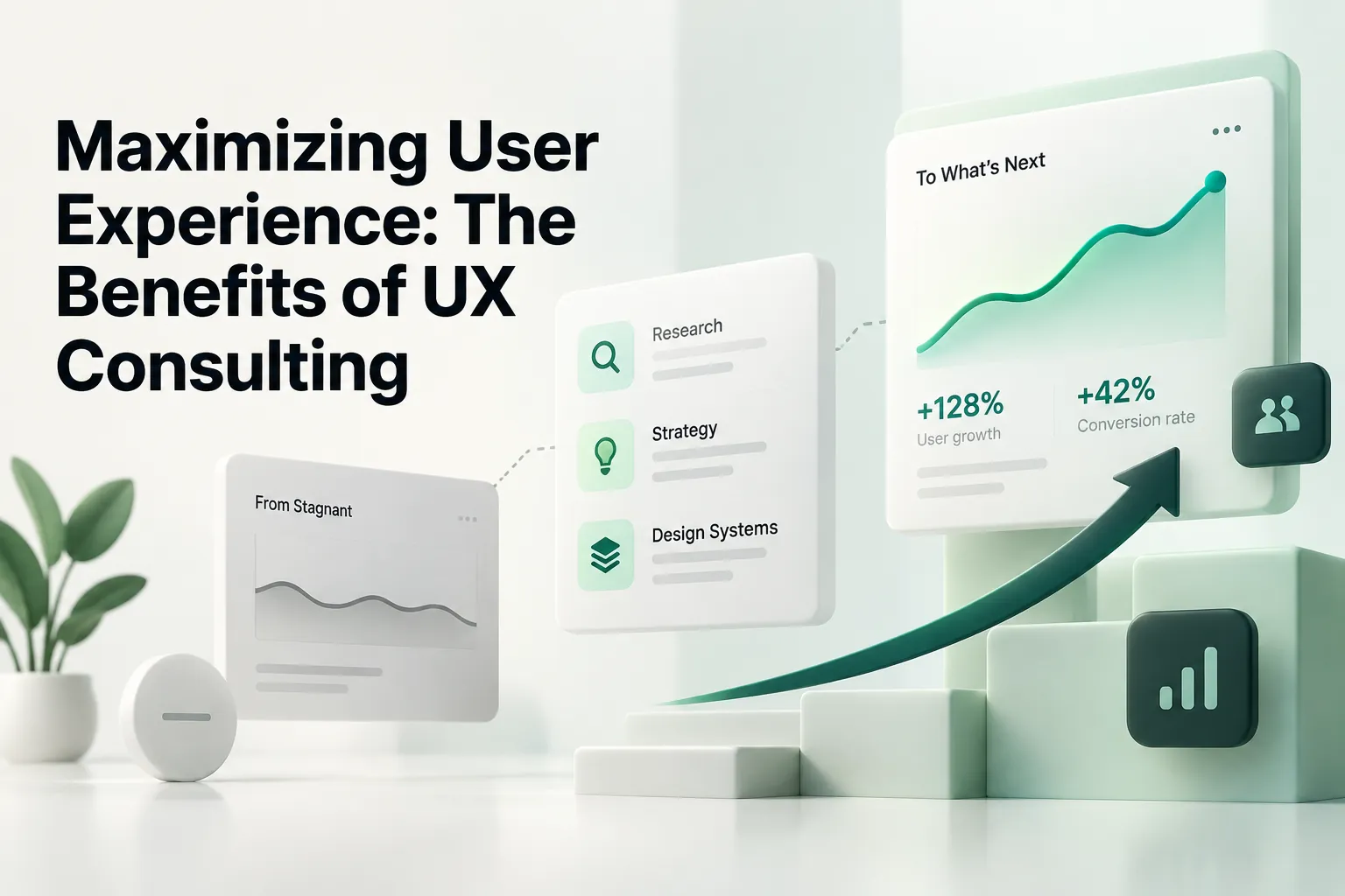 Blog cover showing a UX consulting journey from stagnant results to growth, with research, strategy, design systems, charts, and rising metrics.