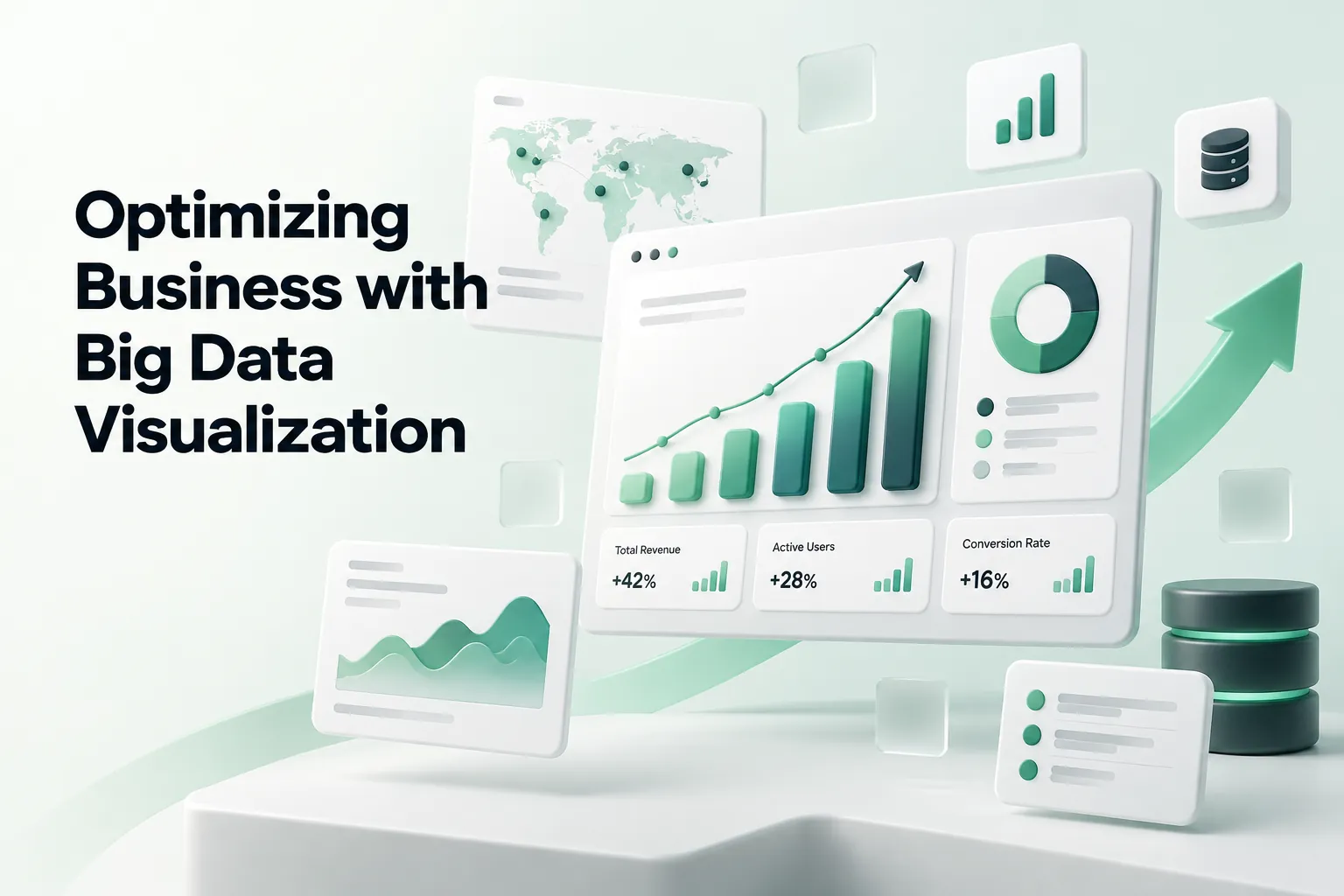 Business data visualization dashboard with rising charts, donut graph, world map, database icons, and the headline Optimizing Business with Big Data V