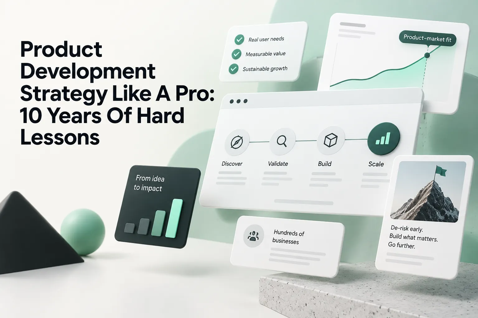 Product development strategy cover with a bold headline, growth chart, product-market fit checklist, and Discover-Validate-Build-Scale workflow.