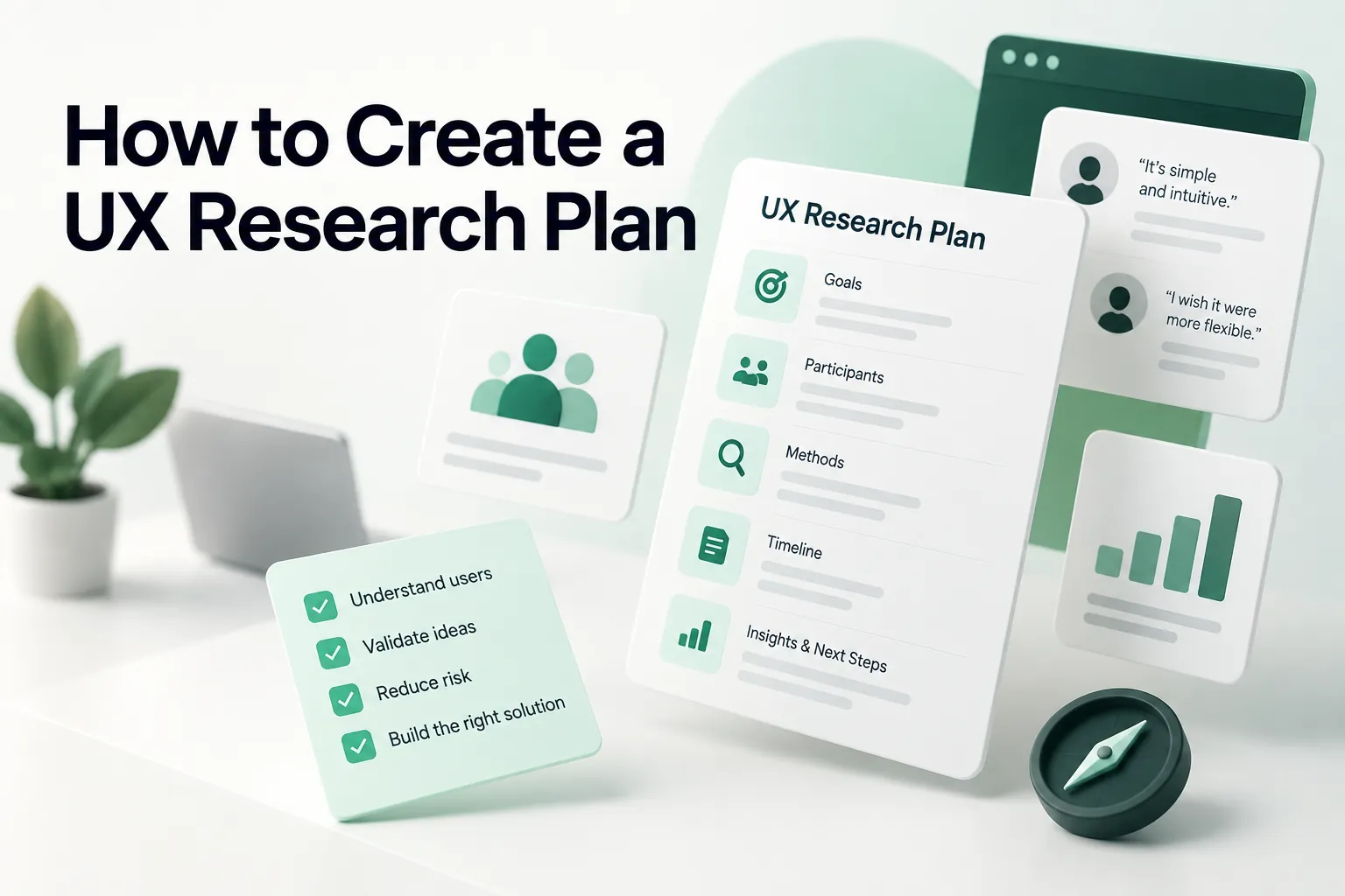 Blog cover about creating a UX research plan, showing a research plan card with goals, participants, methods, timeline, and insights.