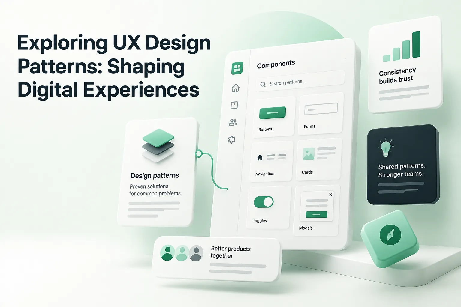 Blog cover about UX design patterns, showing a components dashboard, interface cards, layered design elements, and collaboration visuals in green and