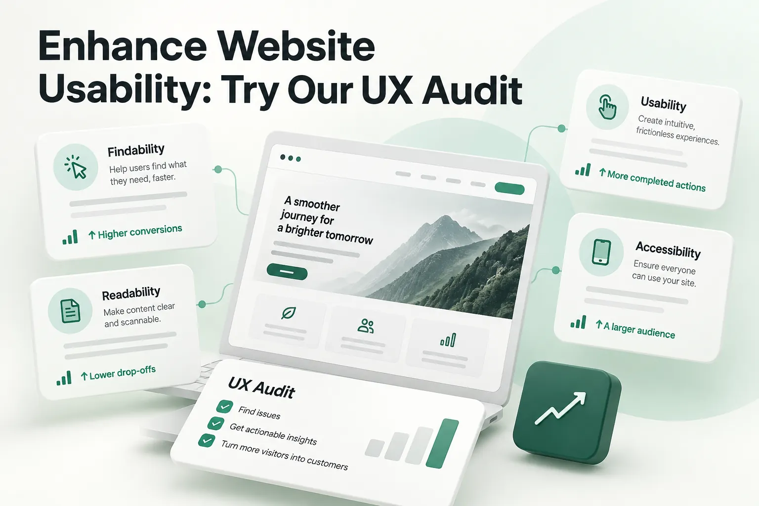 Blog cover promoting a UX audit, with the headline “Enhance Website Usability: Try Our UX Audit” above a laptop and usability benefit cards.