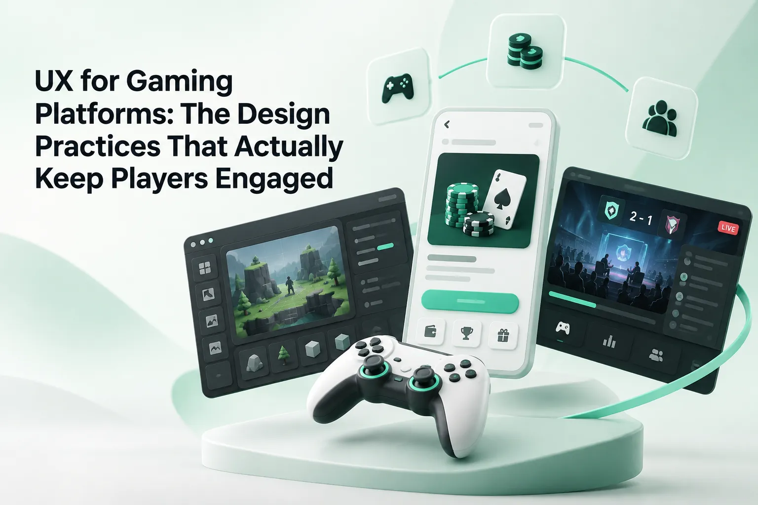 Gaming platform UX concept with a controller, mobile app, desktop interfaces, poker chips, and esports visuals illustrating player engagement.